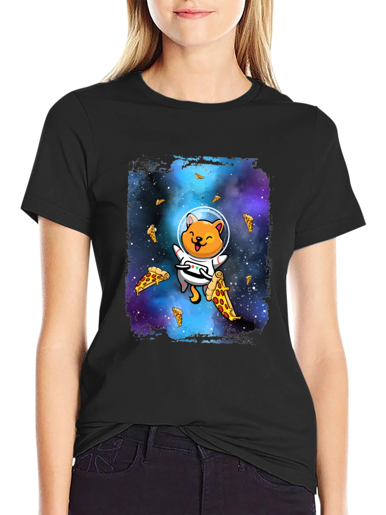 Astronaut Cat Pizza Galaxy T-Shirt