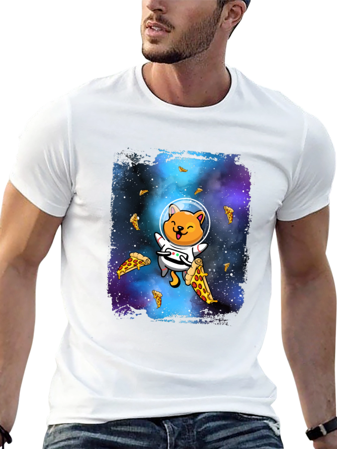 Astronaut Cat Pizza Galaxy T-Shirt