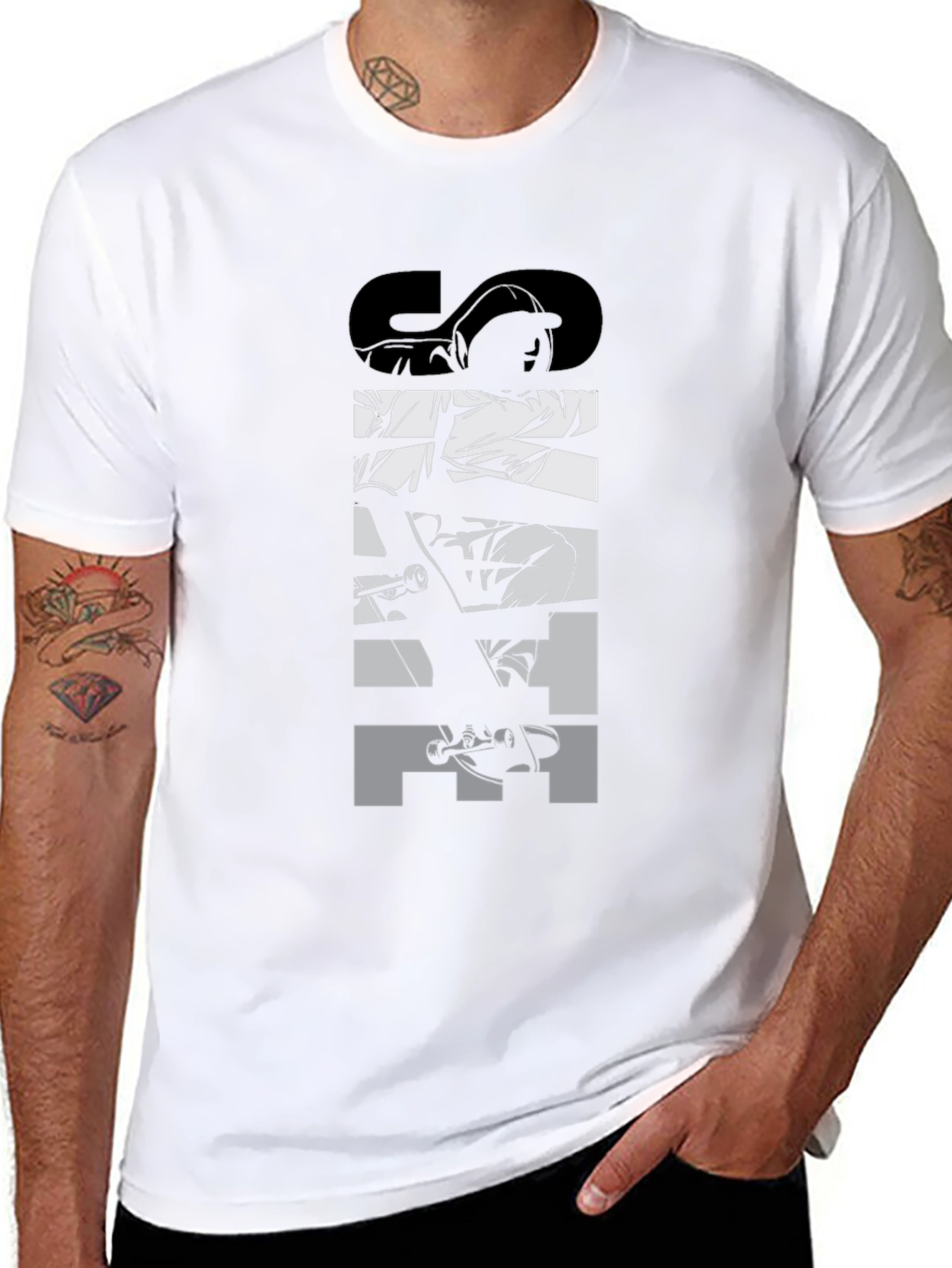 Skateboard Graphic Tee - Black Crew Neck T-Shirt