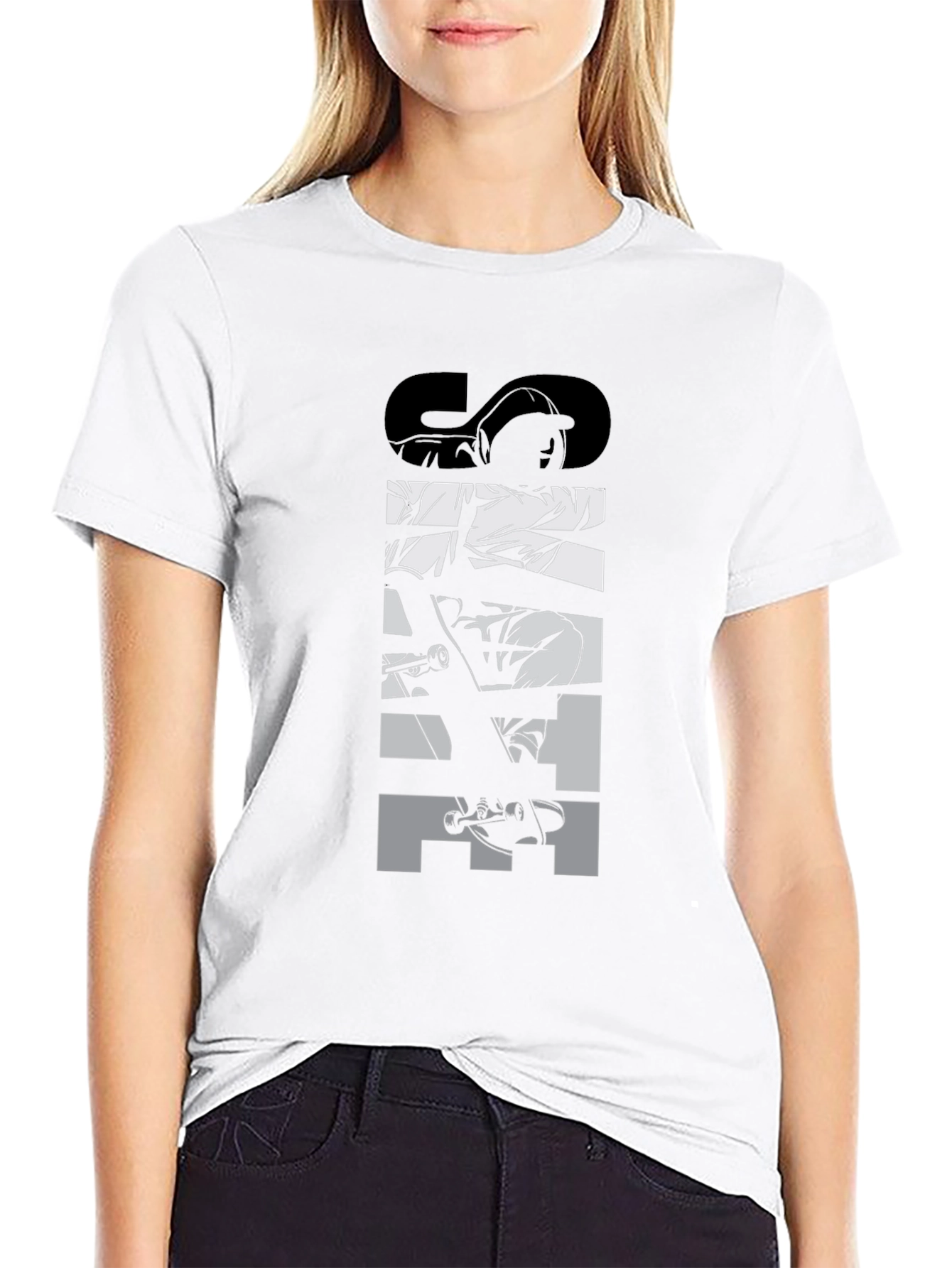 Skateboard Graphic Tee - Black Crew Neck T-Shirt