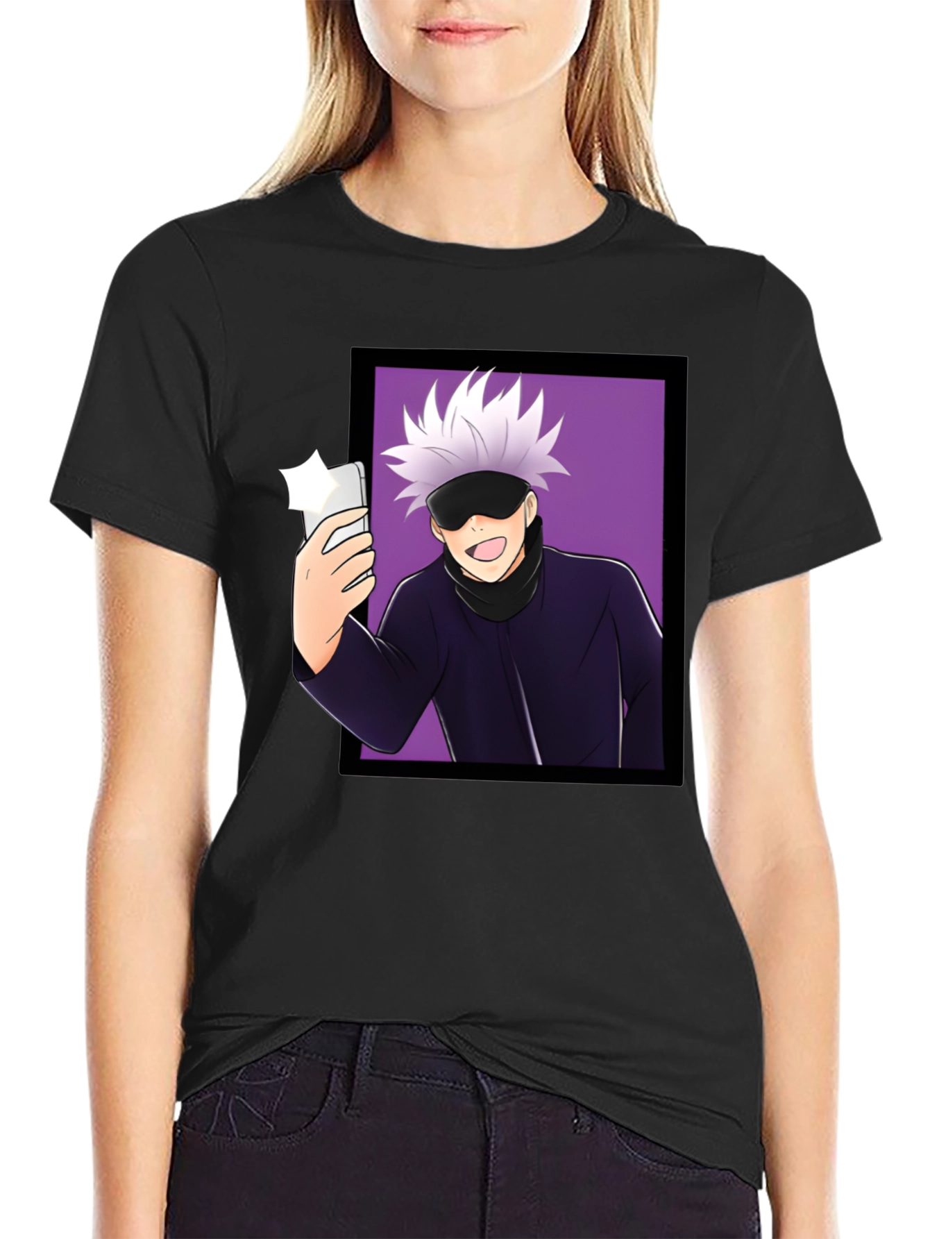 Anime Gojo Satoru Taking Selfie Graphic Black T-Shirt
