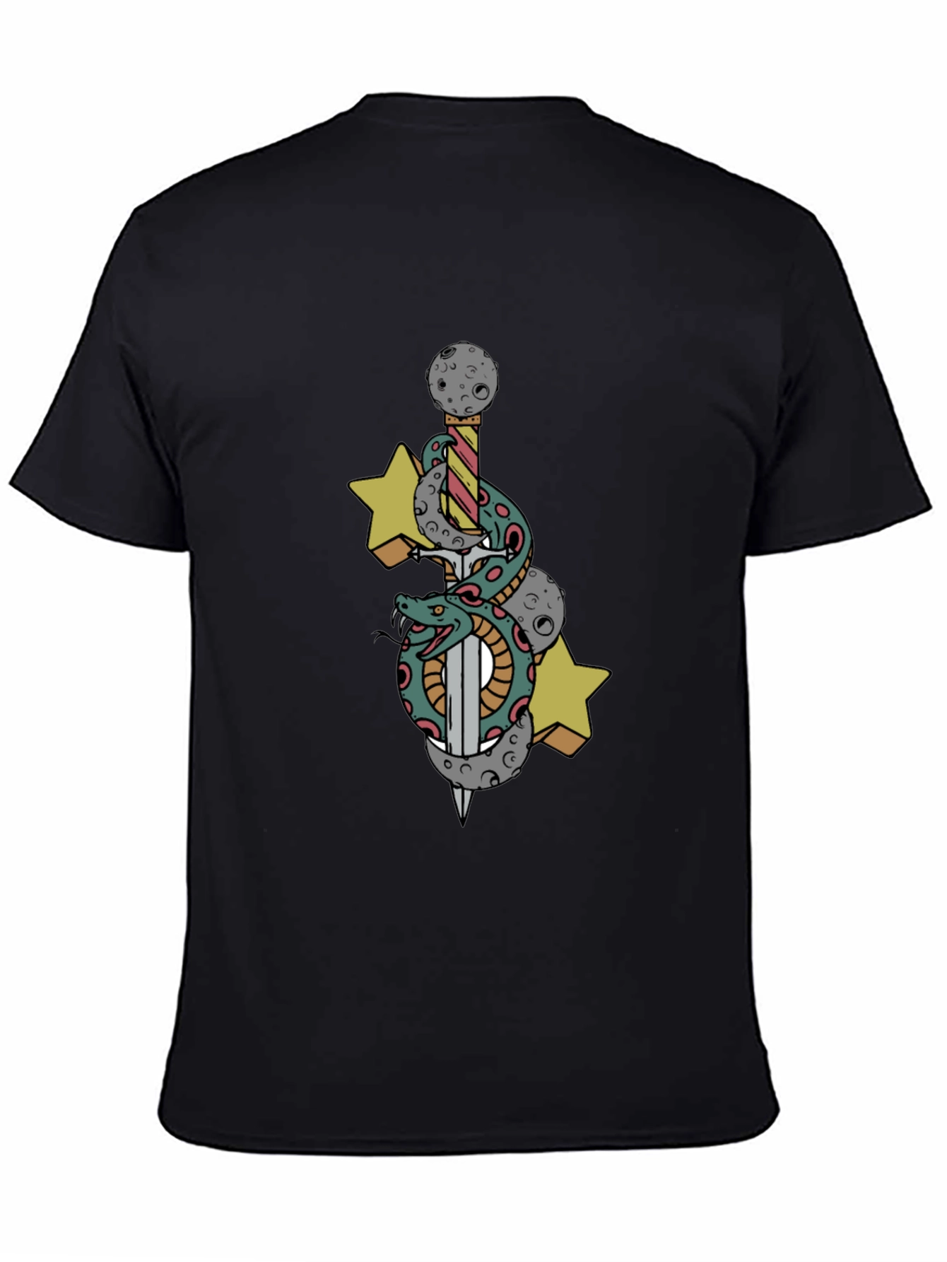Black T-Shirt with Snake Sword and Stars Design