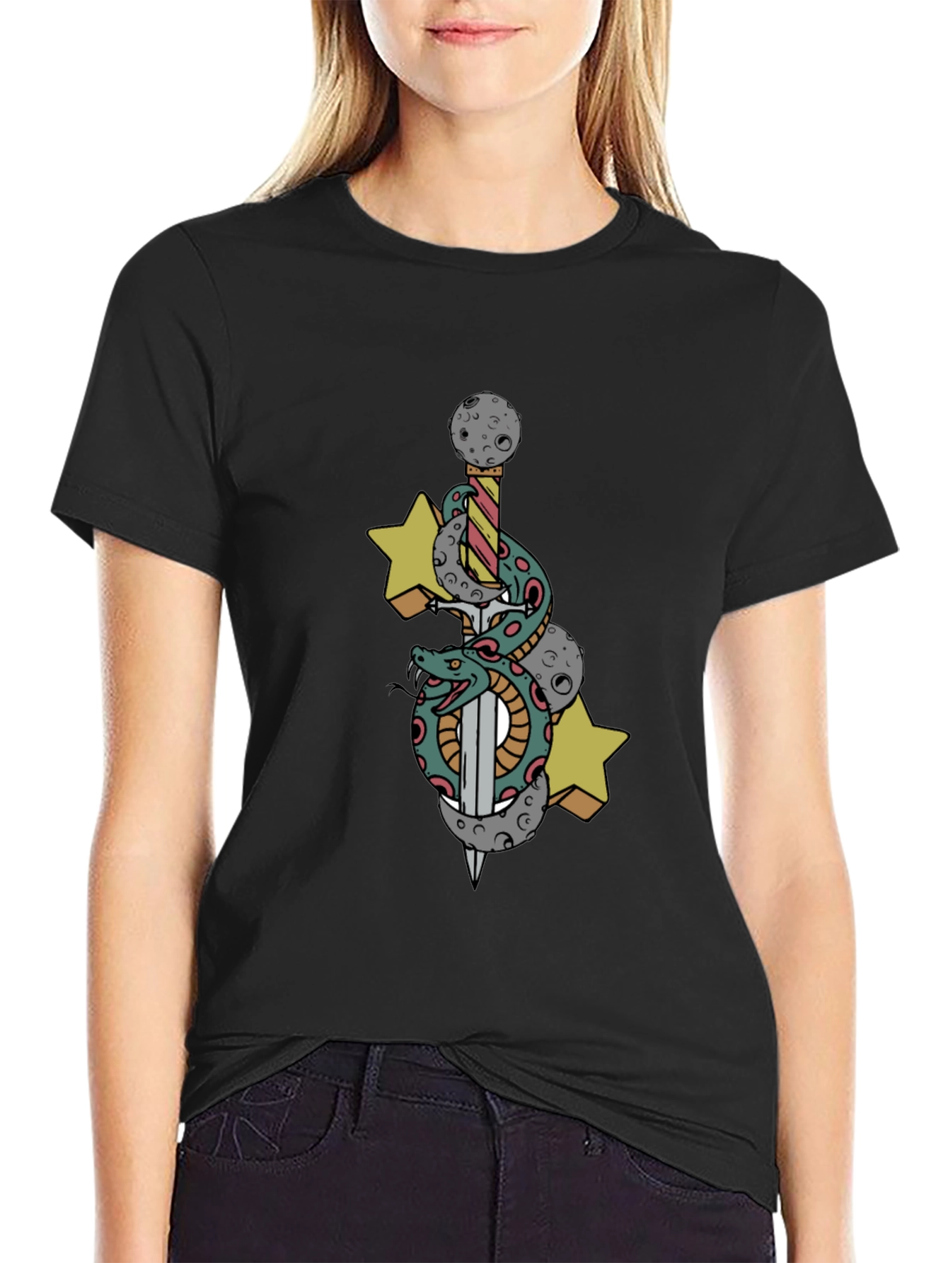Black T-Shirt with Snake Sword and Stars Design