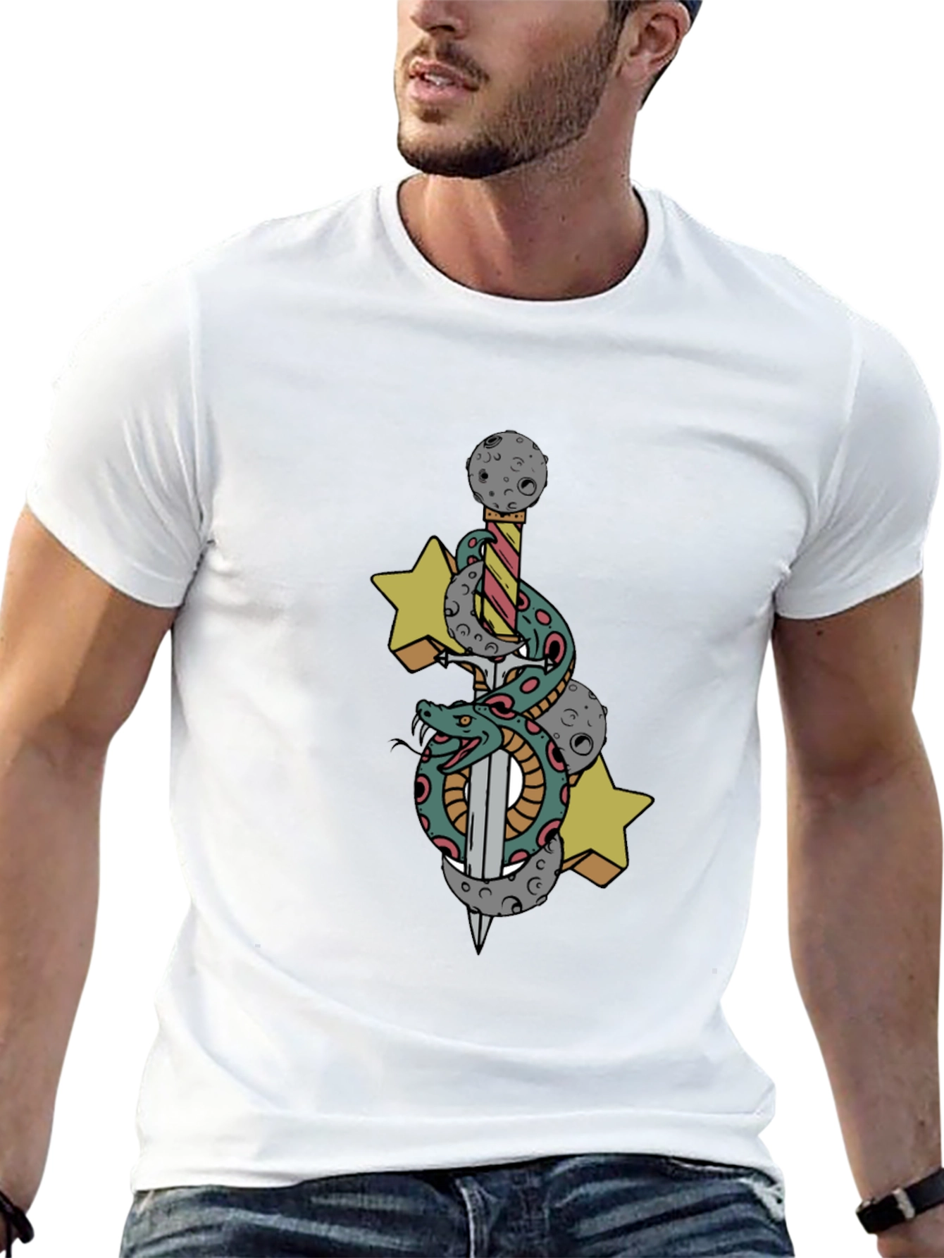 Black T-Shirt with Snake Sword and Stars Design