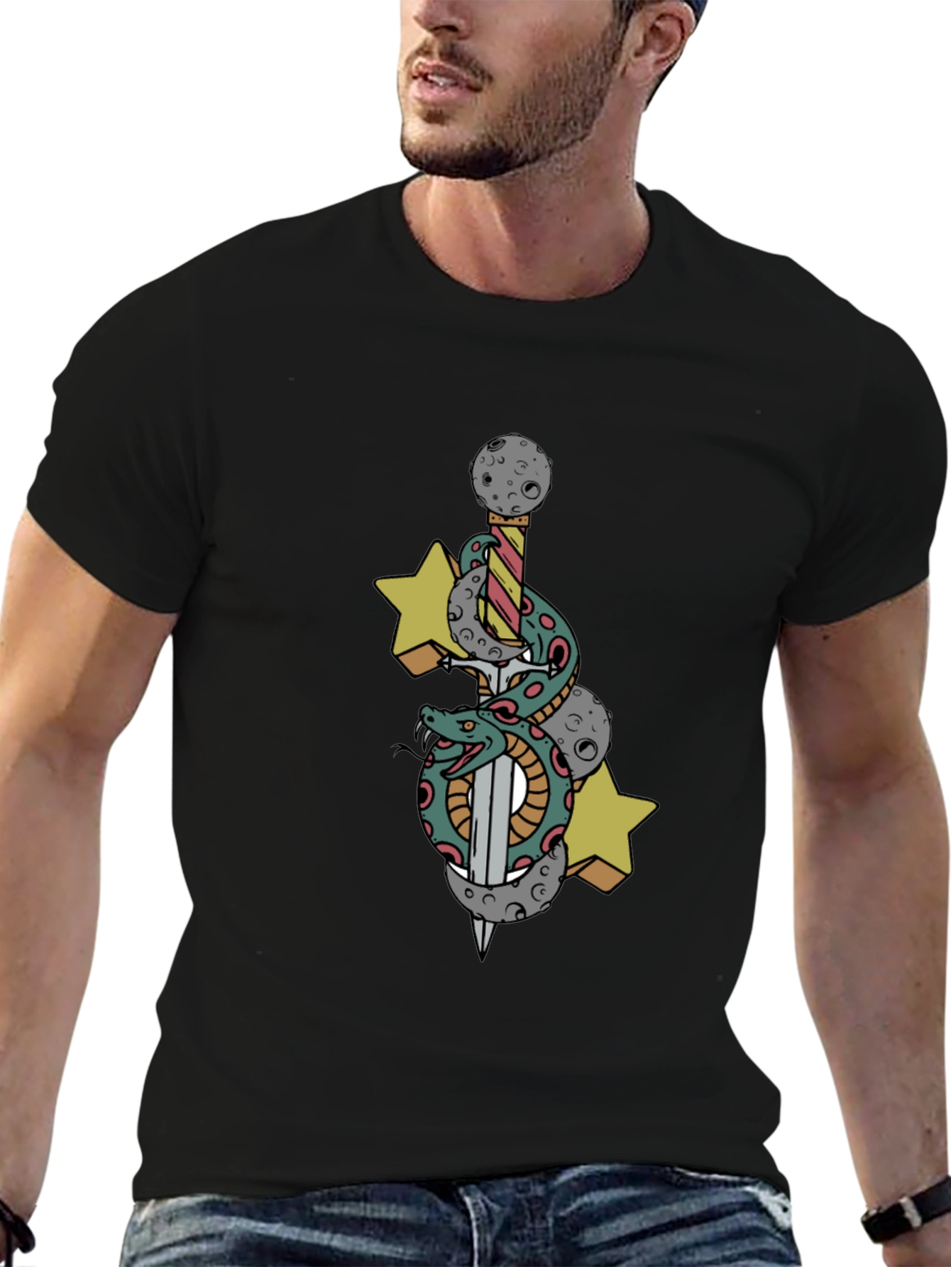 Black T-Shirt with Snake Sword and Stars Design