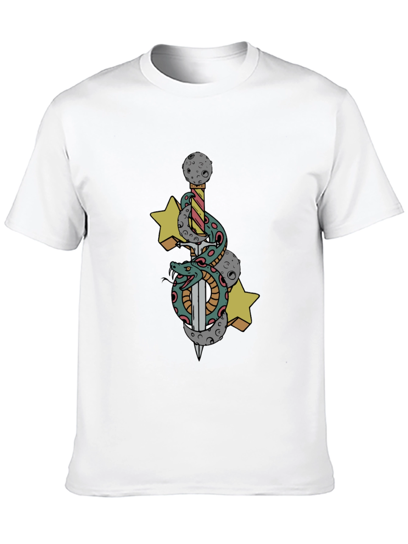 Black T-Shirt with Snake Sword and Stars Design