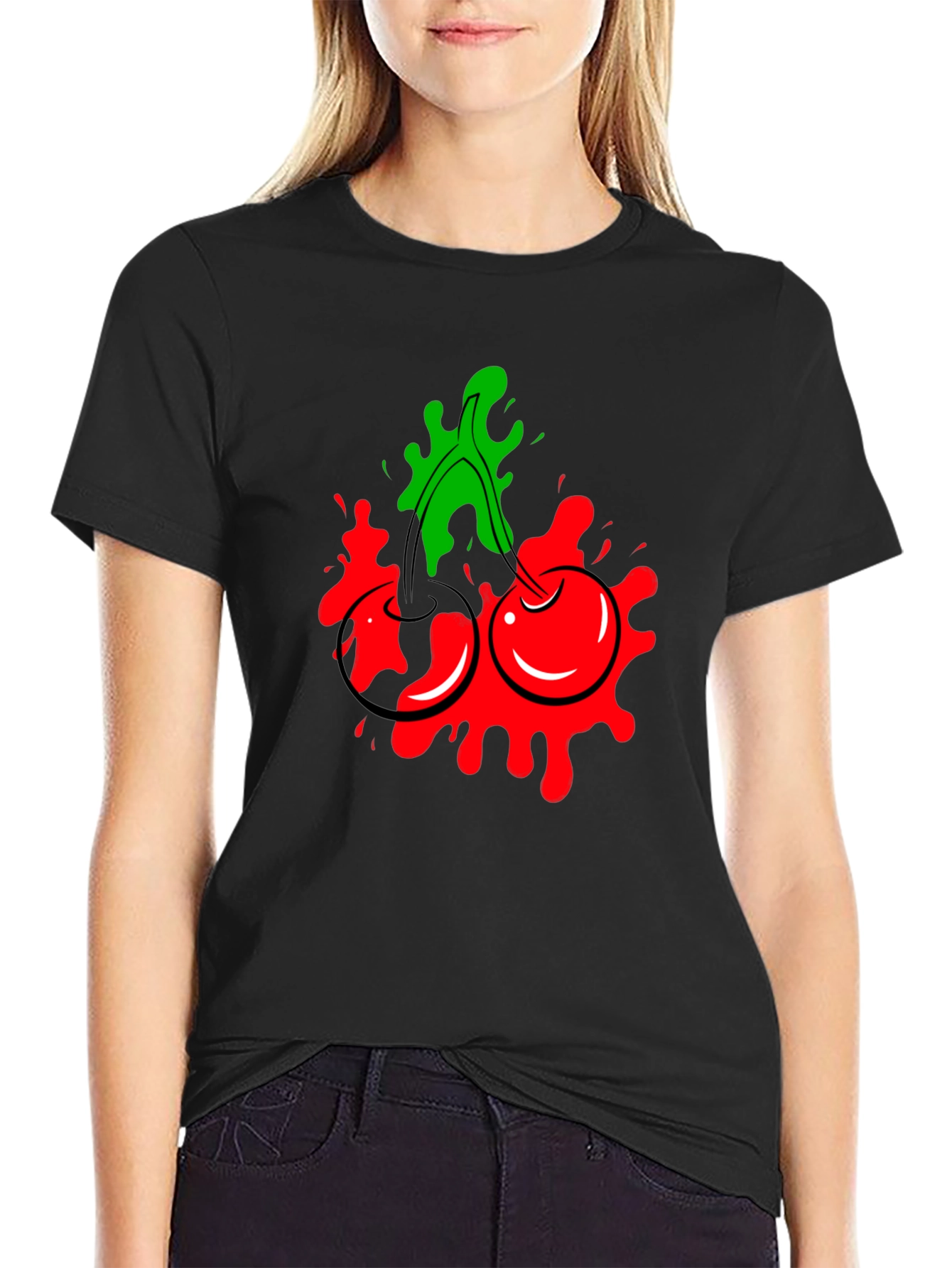 Cherry Splash Graphic Tee - Cool Black T-Shirt