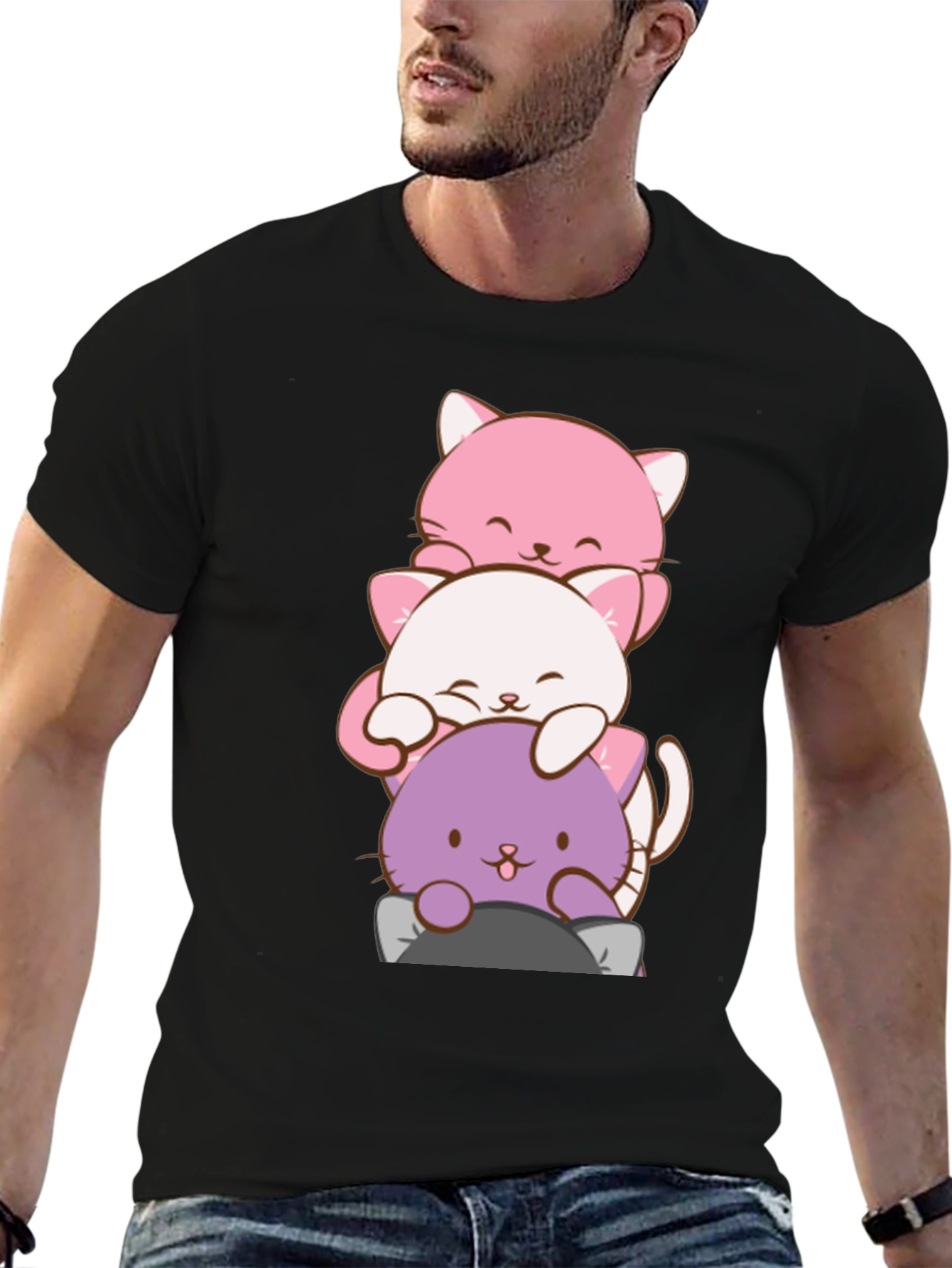 Cute Cat Stack T-Shirt - Kawaii Anime Style