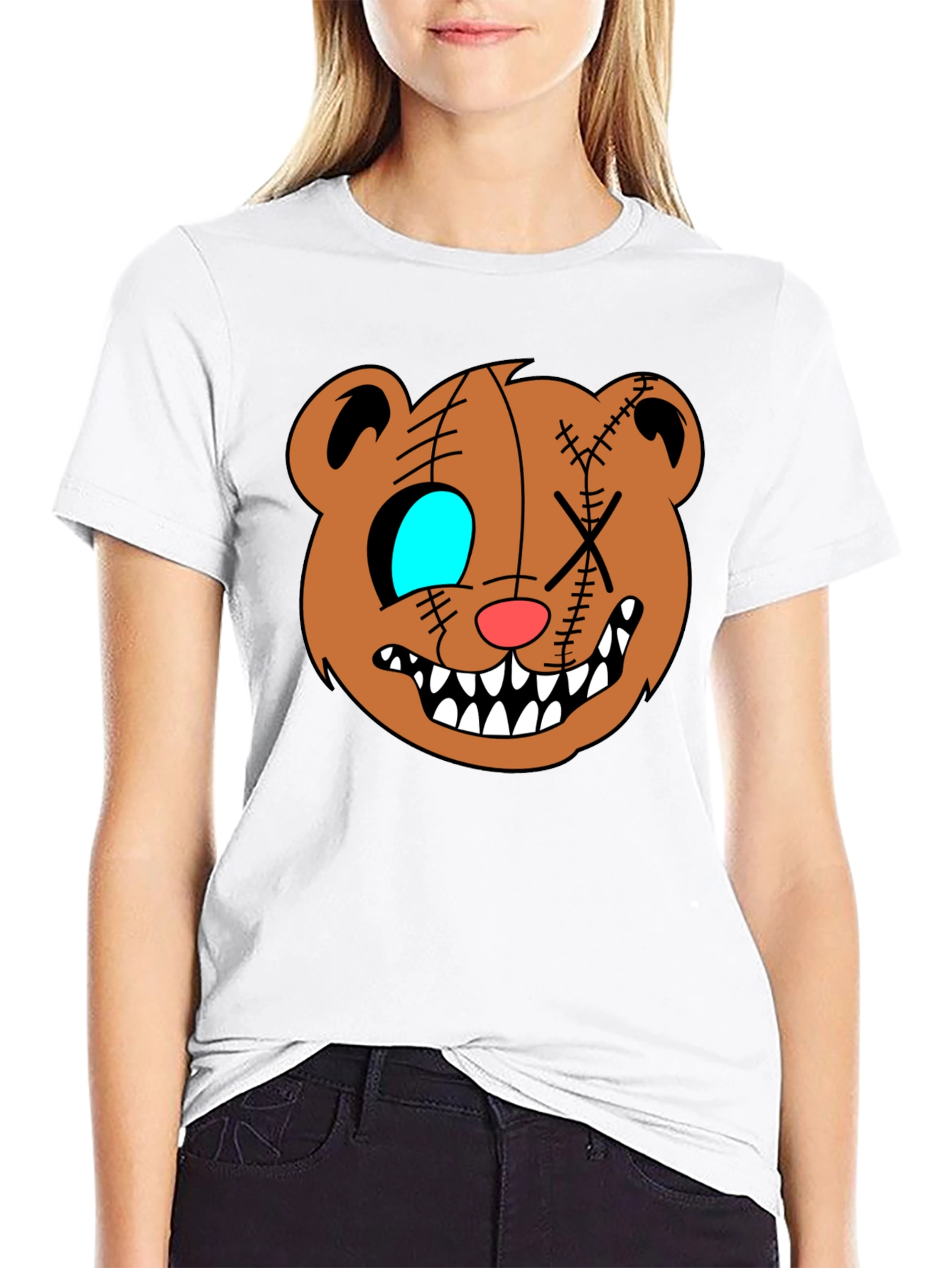 Creepy Cartoon Bear Graphic Black T-Shirt