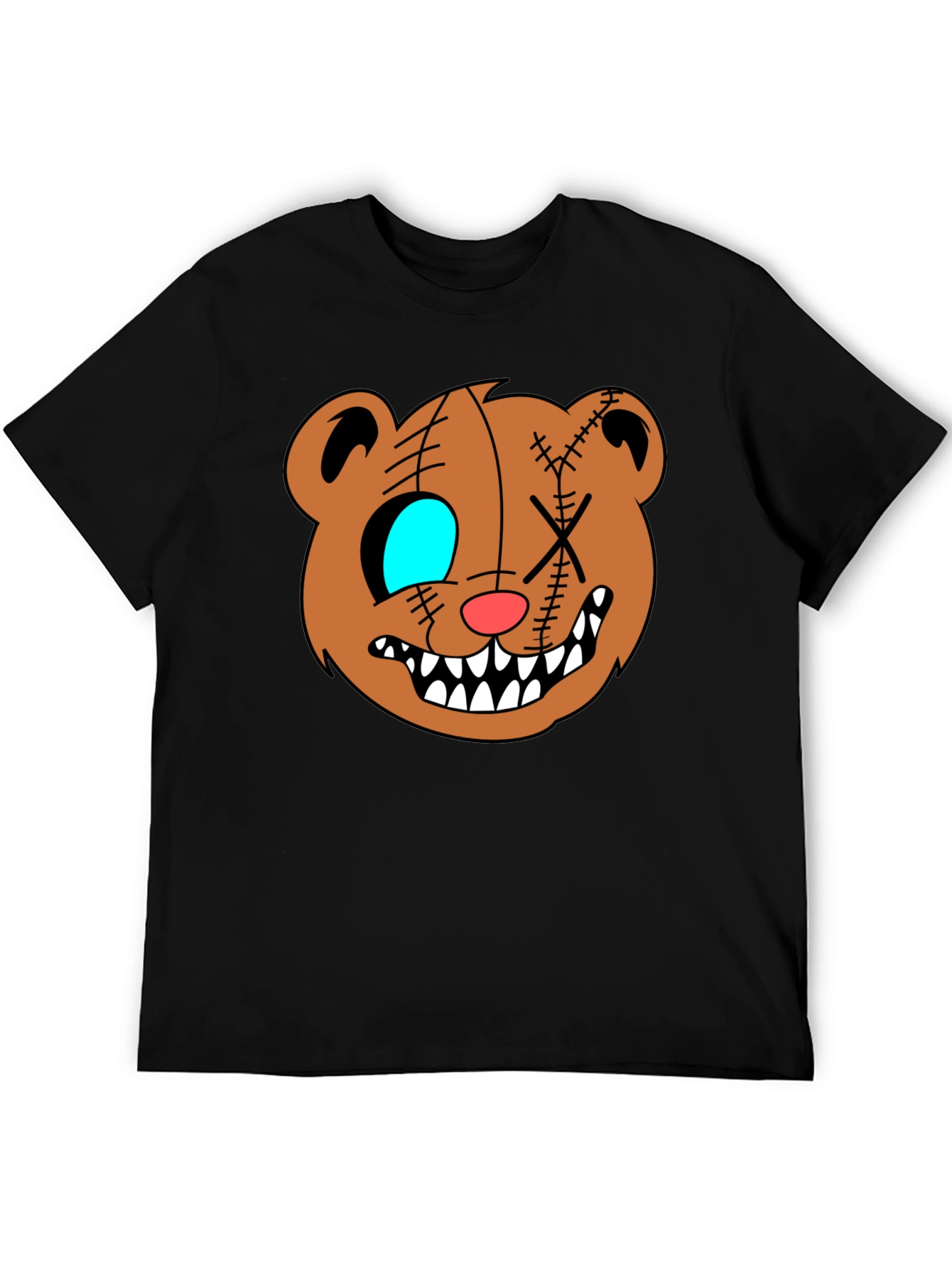 Creepy Cartoon Bear Graphic Black T-Shirt