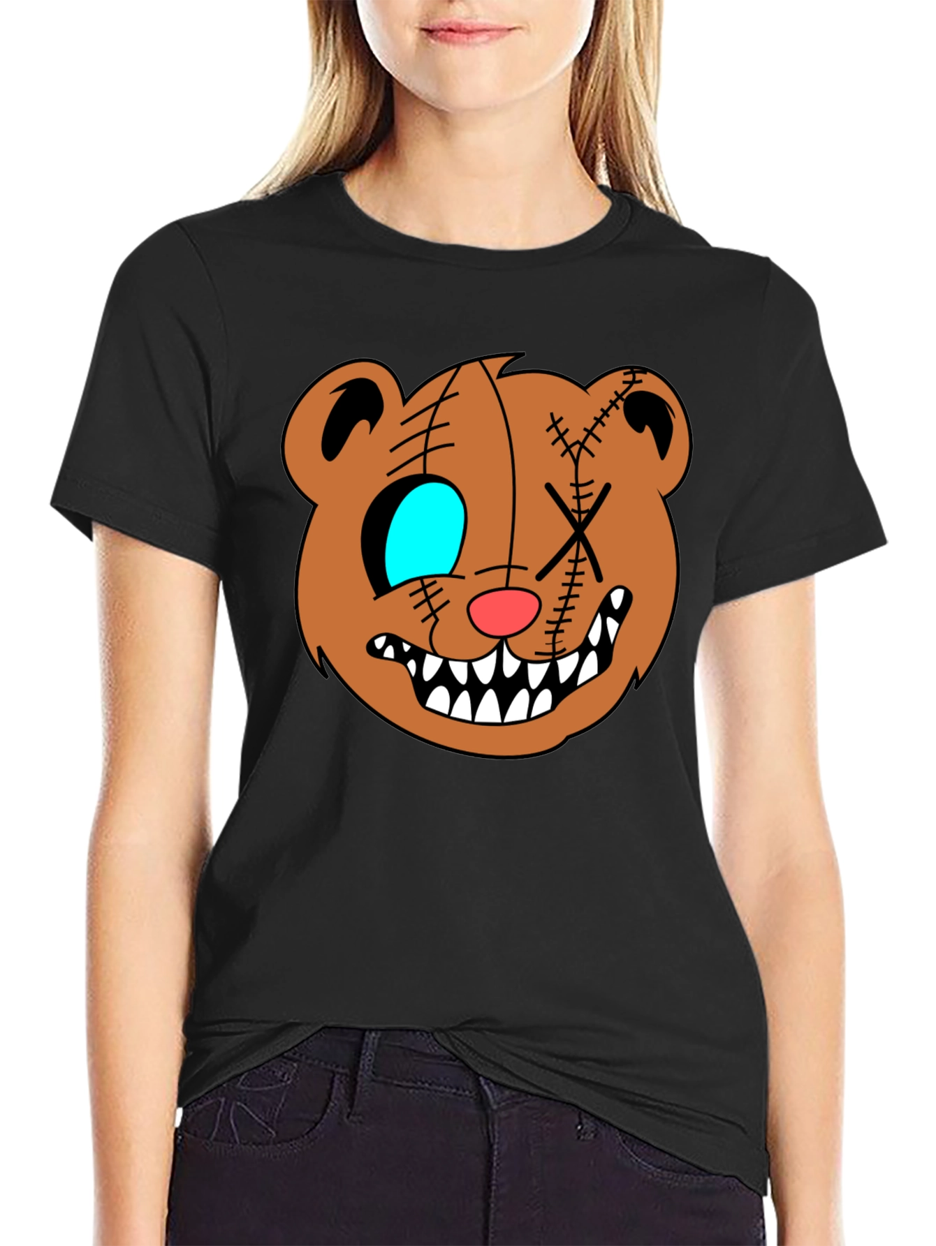 Creepy Cartoon Bear Graphic Black T-Shirt