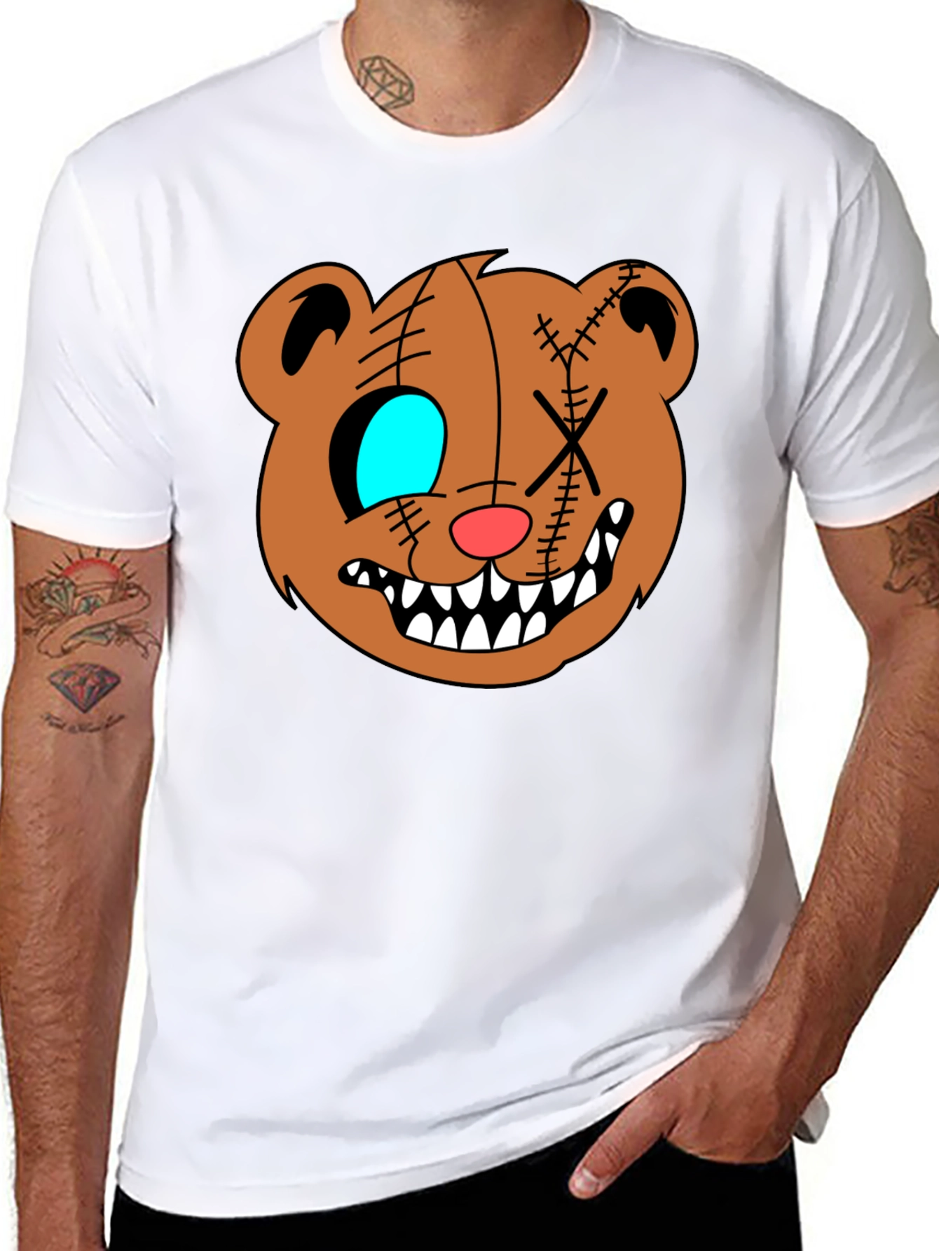 Creepy Cartoon Bear Graphic Black T-Shirt