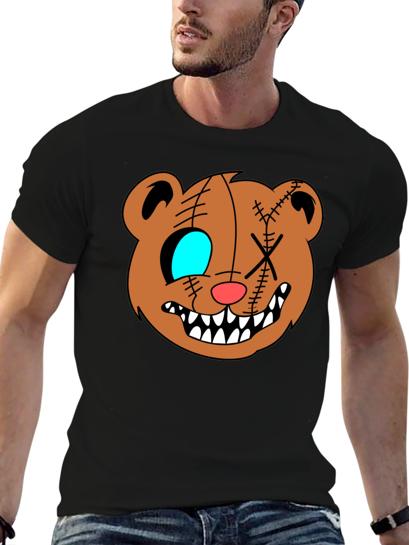 Creepy Cartoon Bear Graphic Black T-Shirt