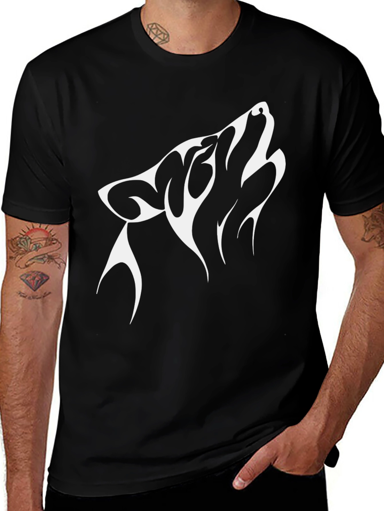 Black T-Shirt with Wolf Design