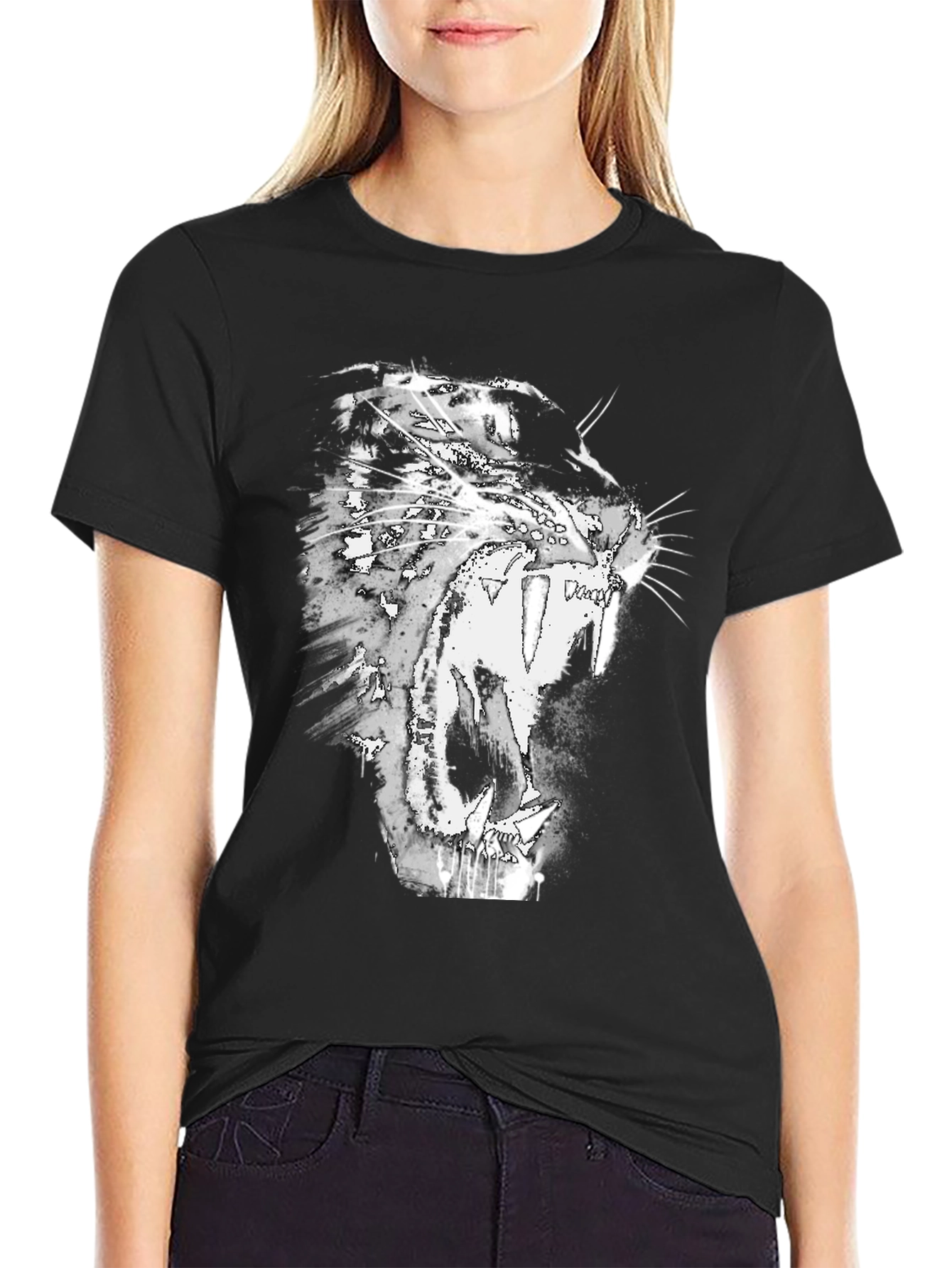 Black T-Shirt with Roaring Cat Graphic