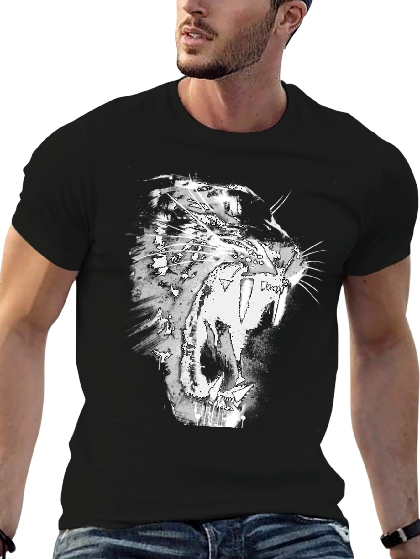 Black T-Shirt with Roaring Cat Graphic