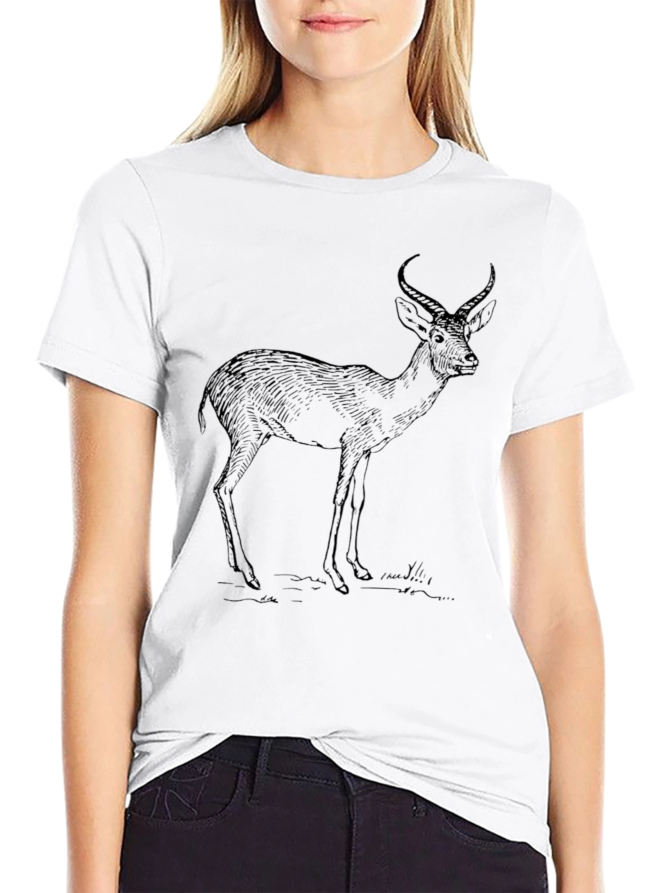 Black Graphic Tee - Deer Print Casual Wear