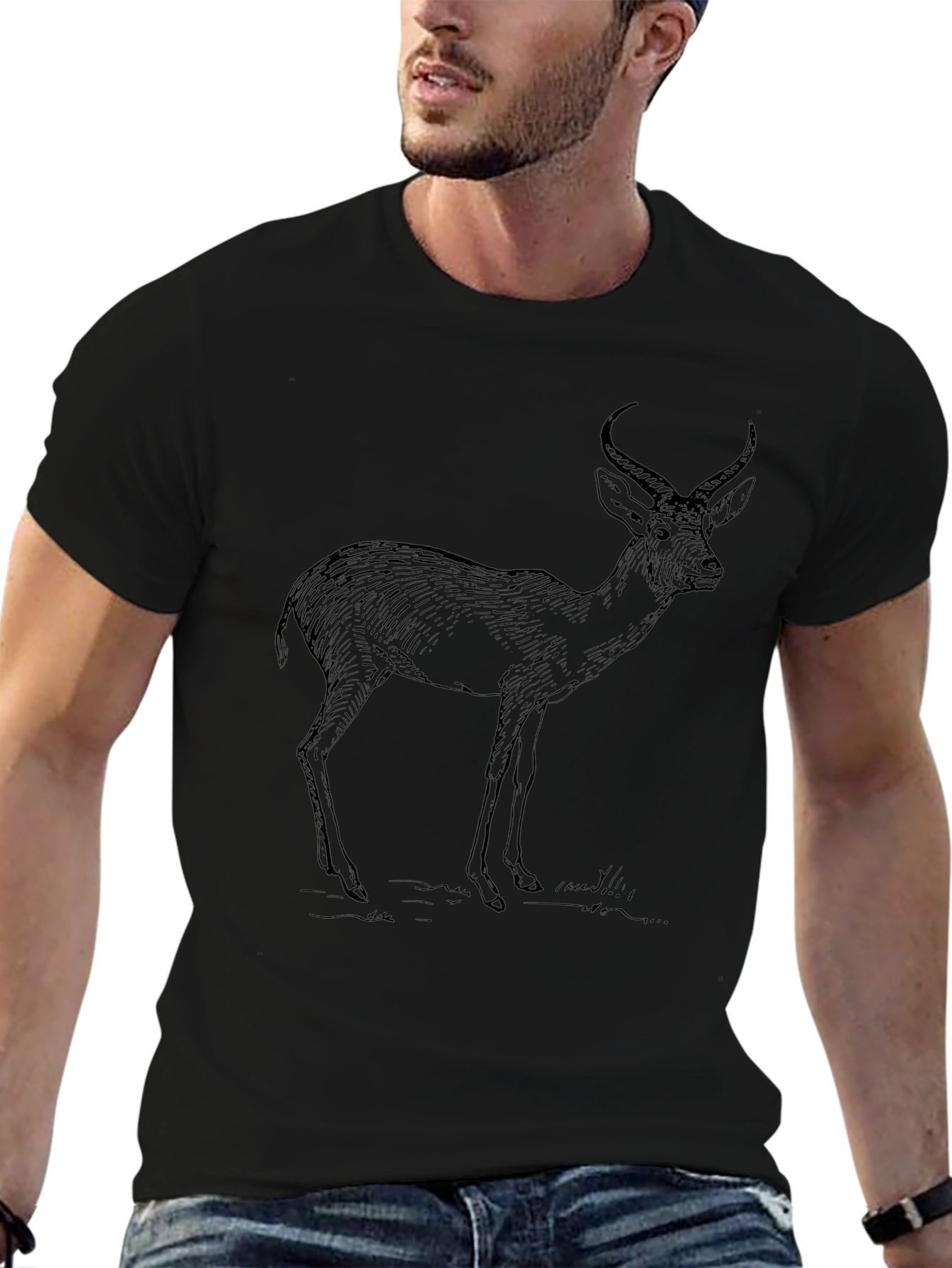 Black Graphic Tee - Deer Print Casual Wear