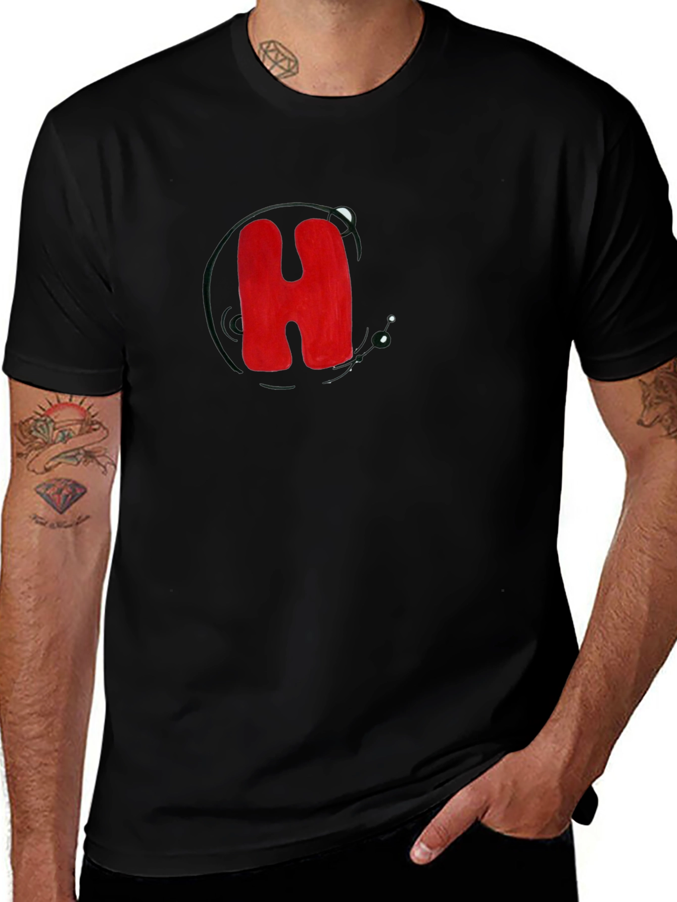 Black T-Shirt with Bold Red H Design