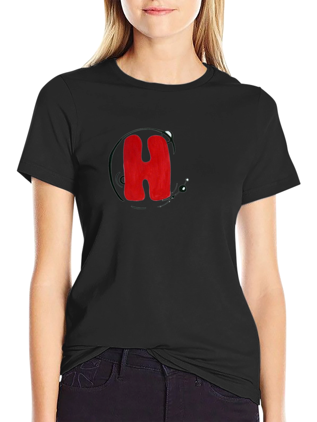 Black T-Shirt with Bold Red H Design