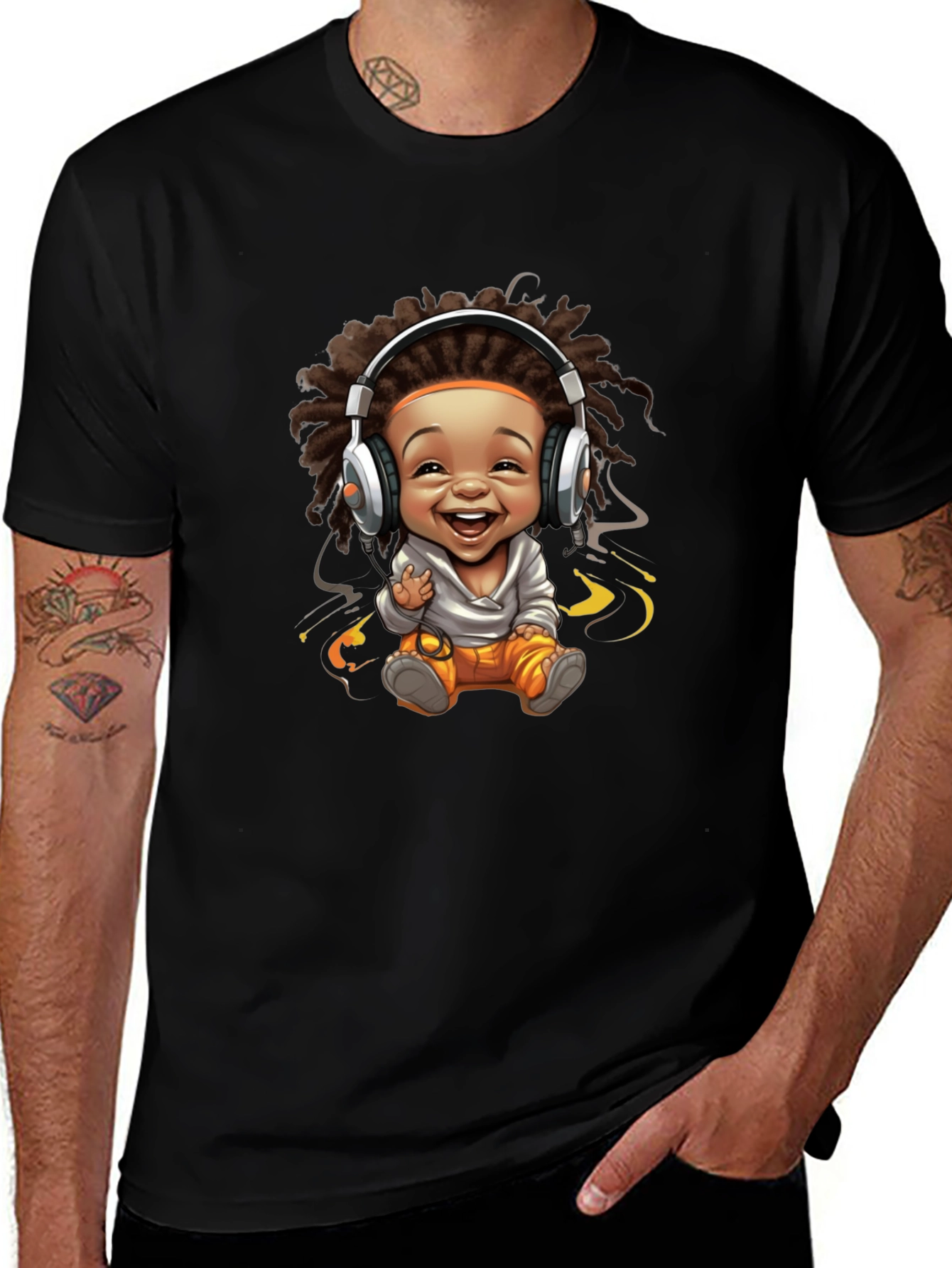 Black Graphic Tee - Cartoon Baby with Headphones Design