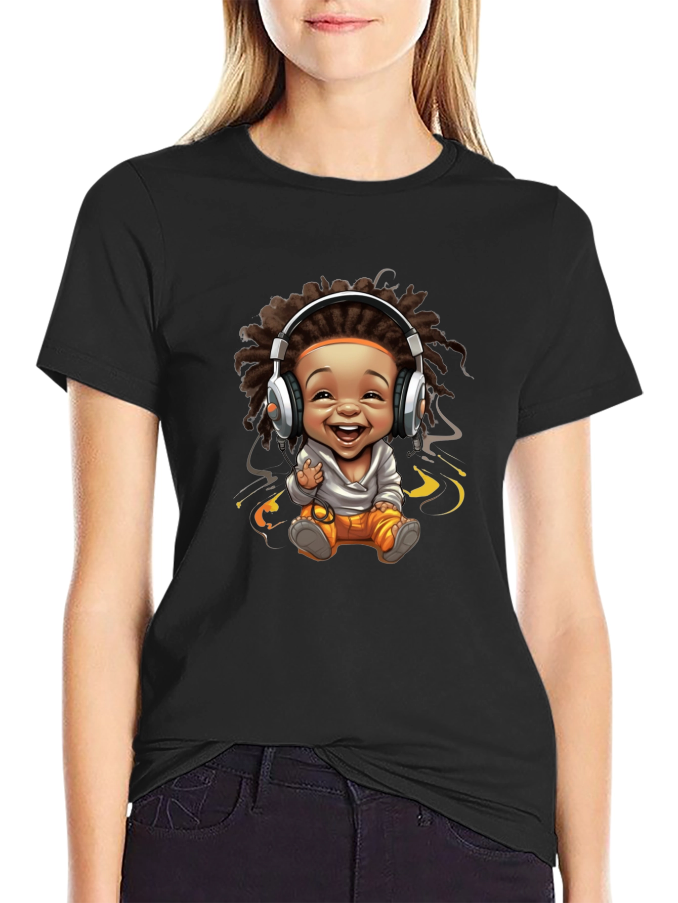 Black Graphic Tee - Cartoon Baby with Headphones Design