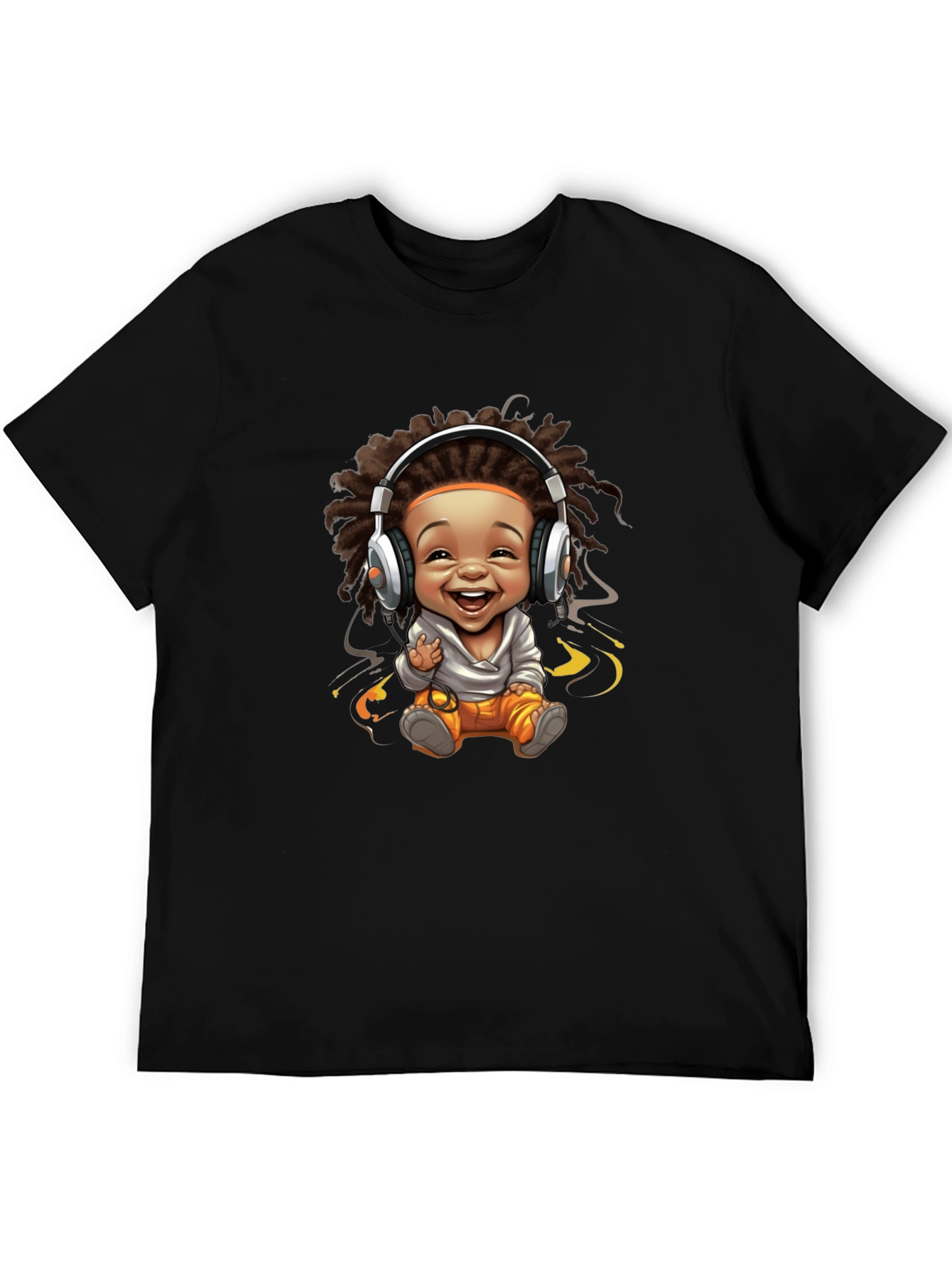Black Graphic Tee - Cartoon Baby with Headphones Design