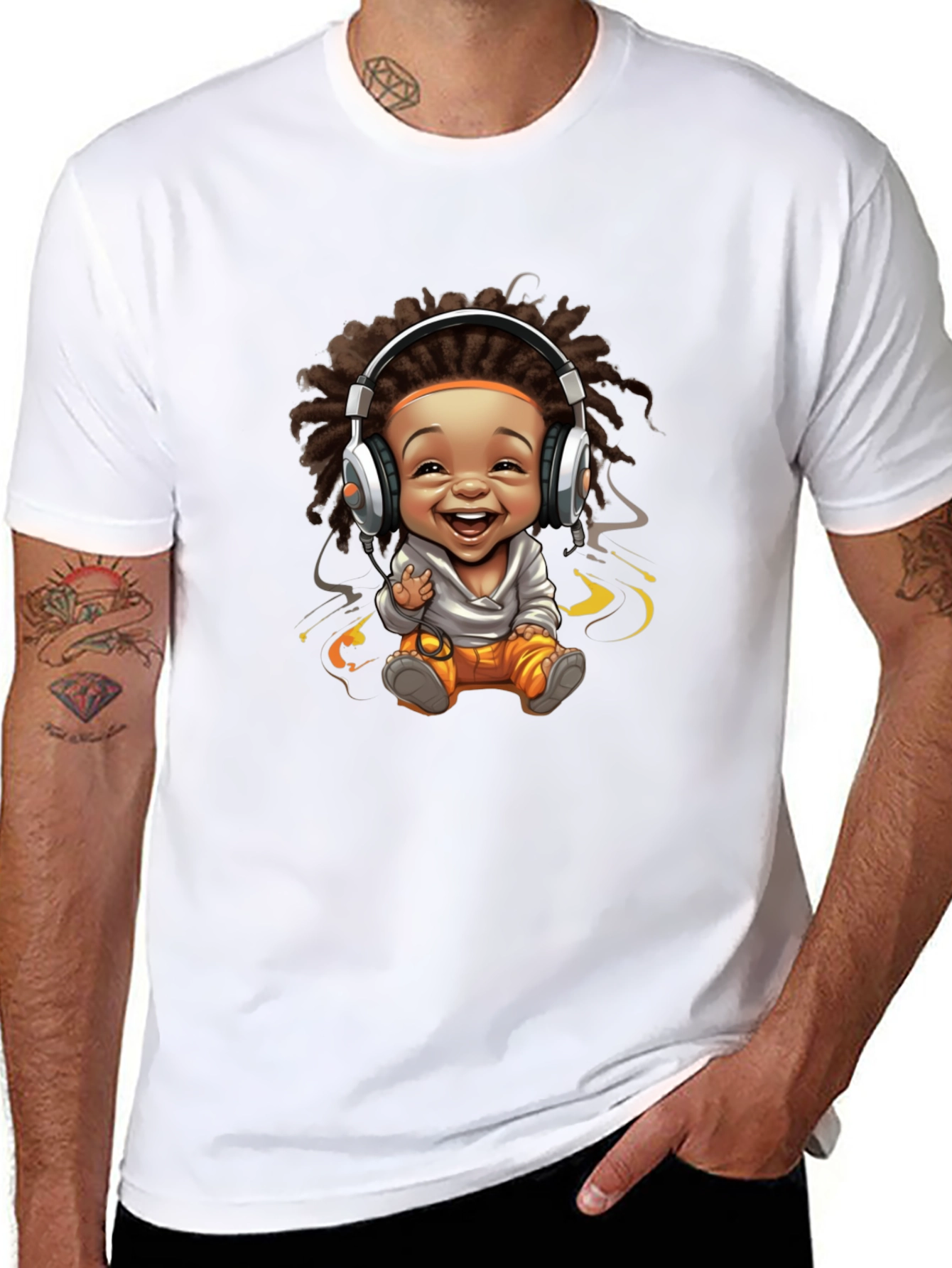 Black Graphic Tee - Cartoon Baby with Headphones Design