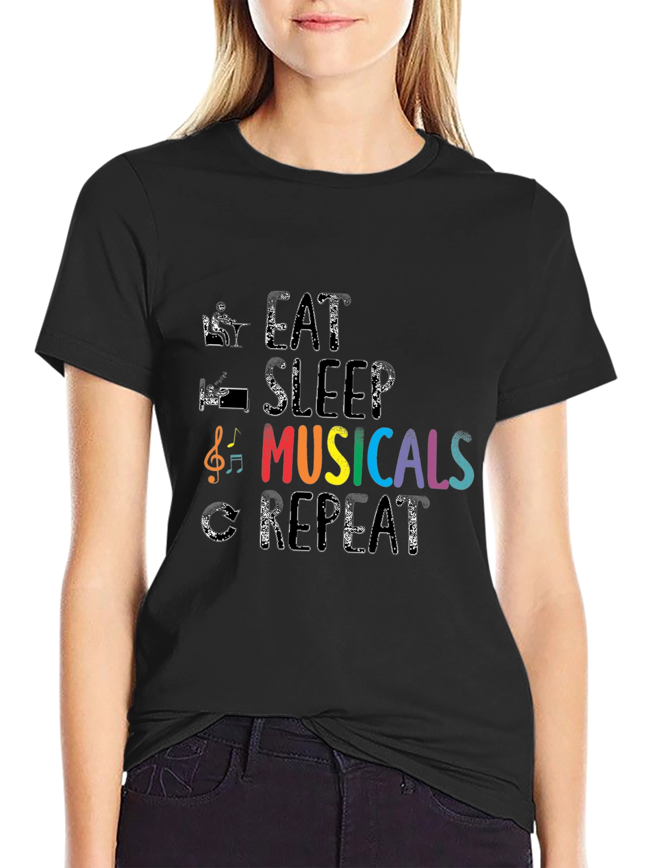 Eat Sleep Musicals Repeat Black T-Shirt