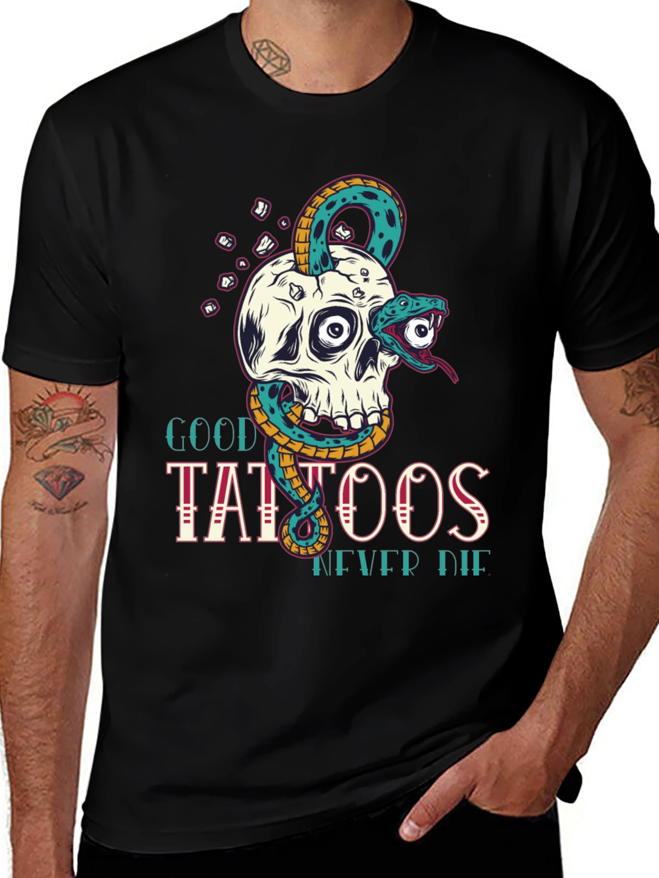 Skull Snake Tattoo Graphic Tee - Mens Black T-Shirt