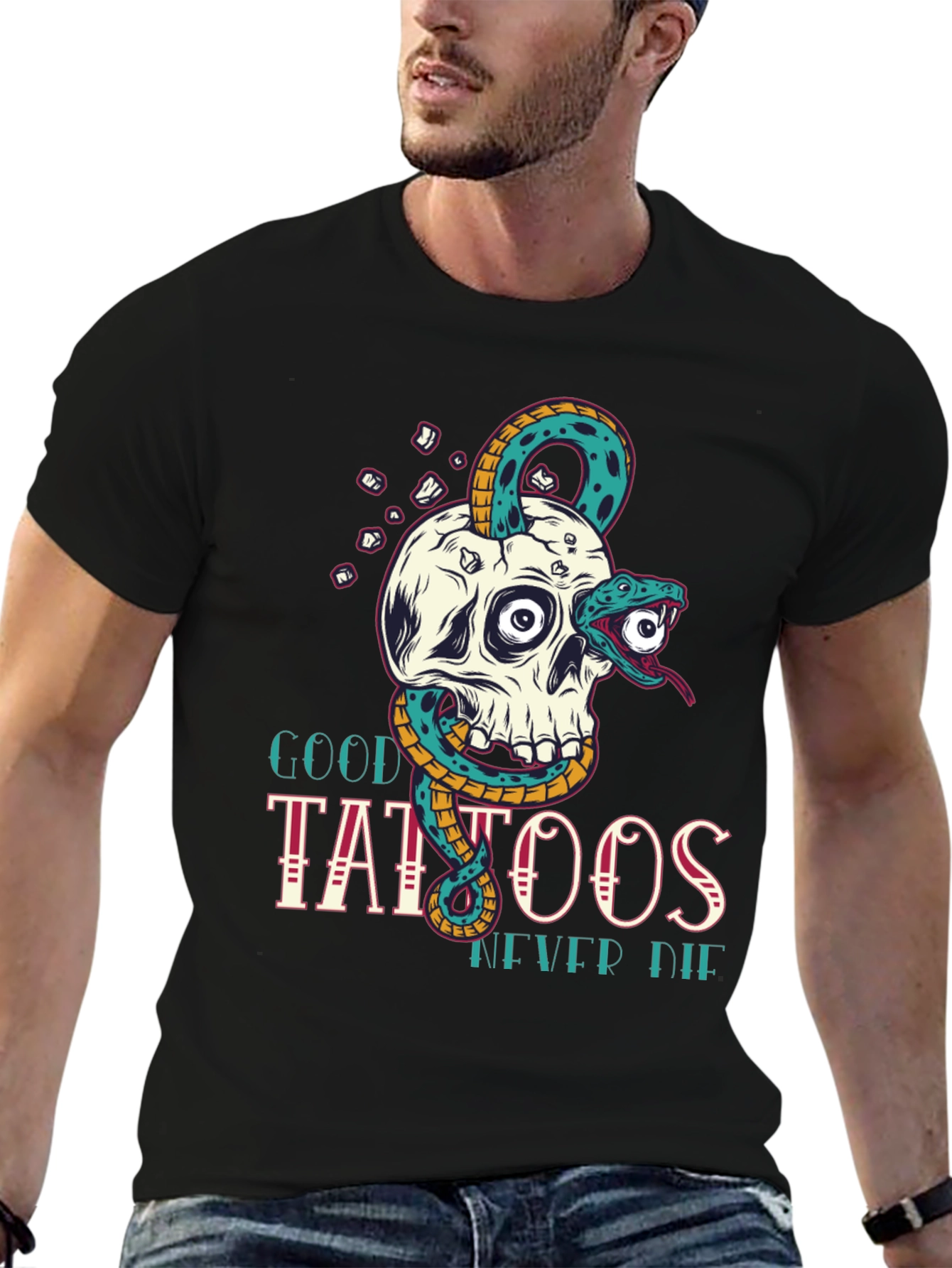 Skull Snake Tattoo Graphic Tee - Mens Black T-Shirt