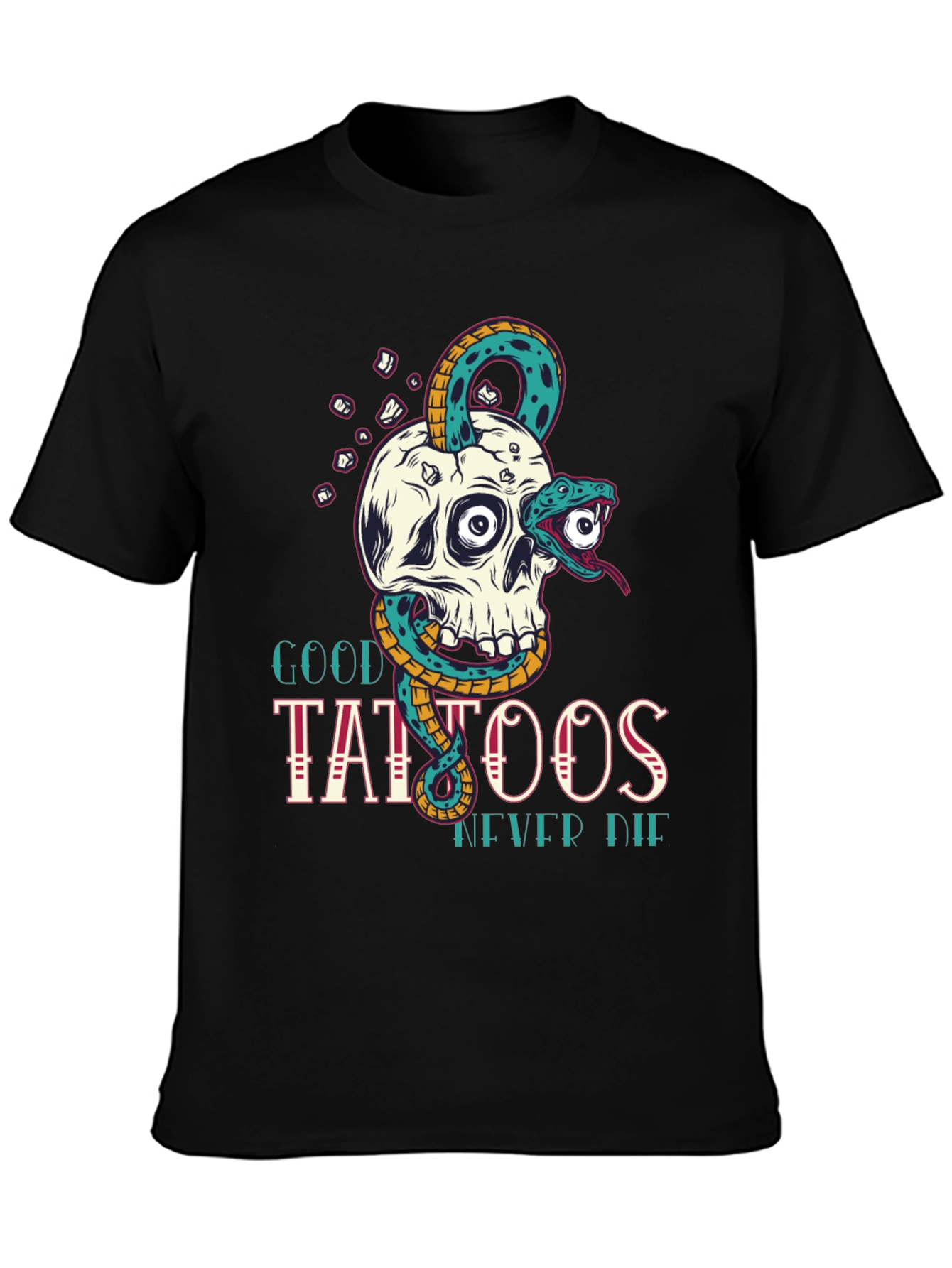 Skull Snake Tattoo Graphic Tee - Mens Black T-Shirt