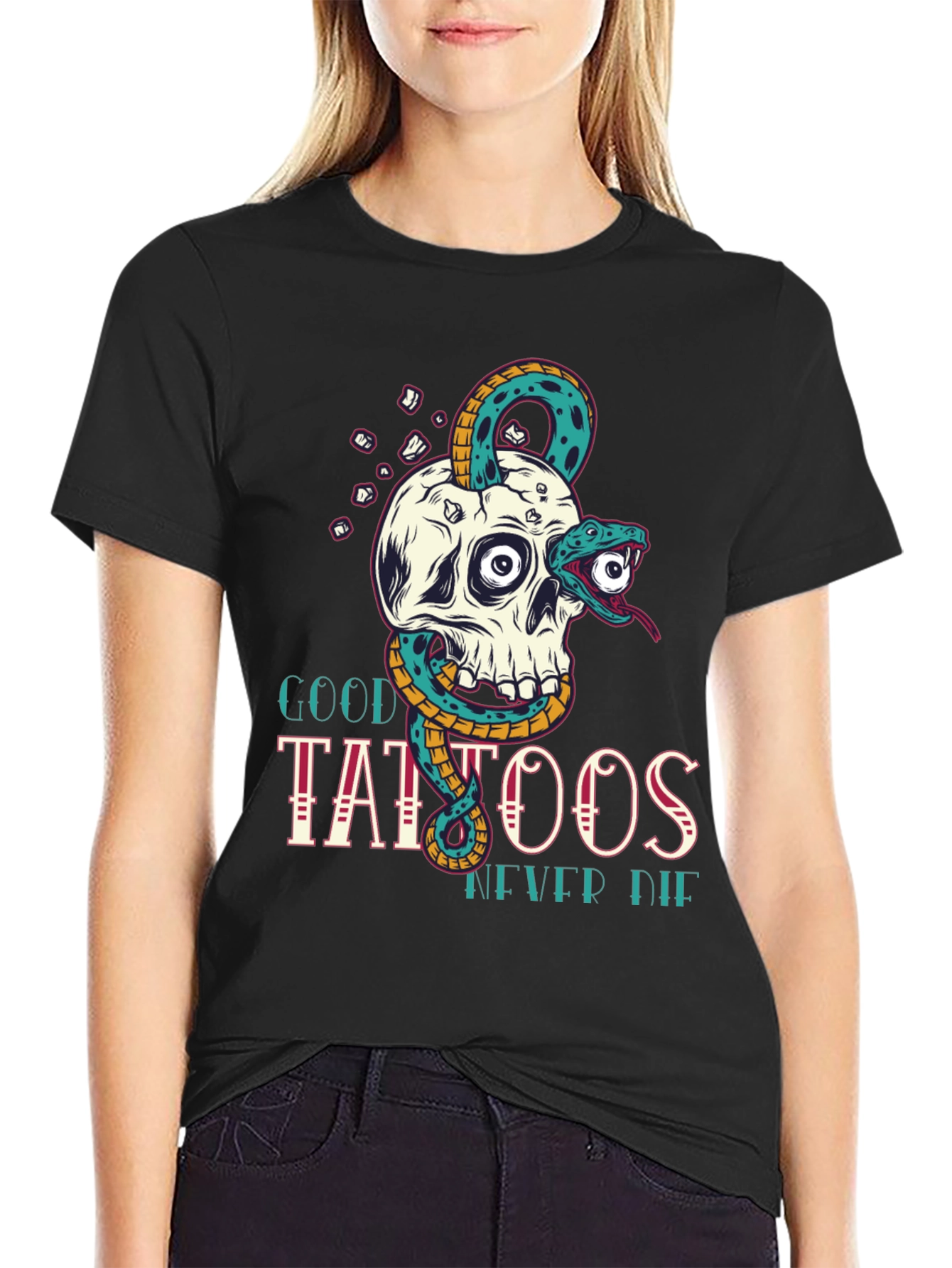Skull Snake Tattoo Graphic Tee - Mens Black T-Shirt
