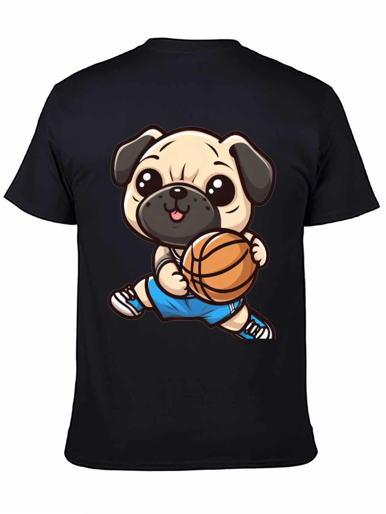 Cartoon Pug Basketball Player Black T-Shirt
