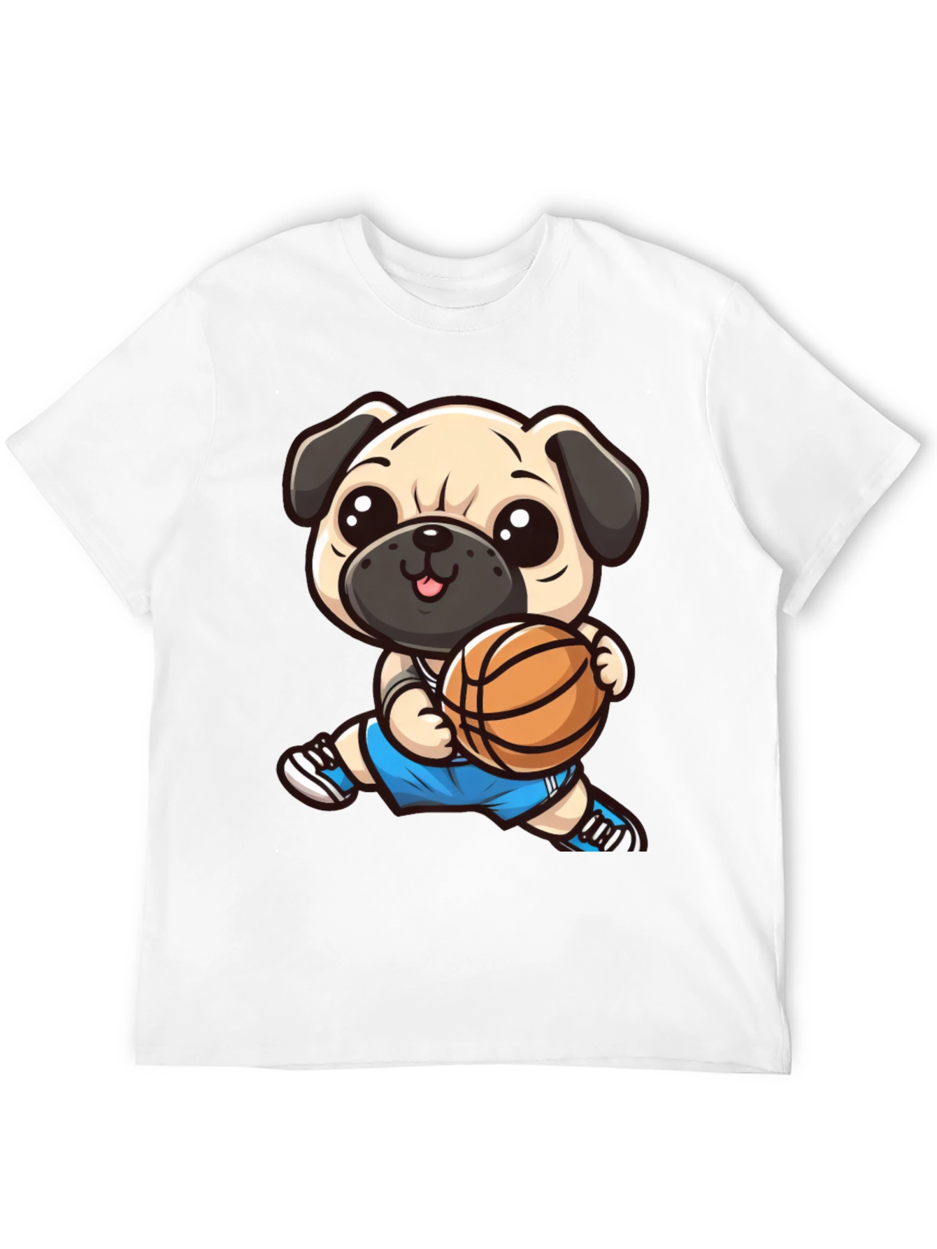 Cartoon Pug Basketball Player Black T-Shirt