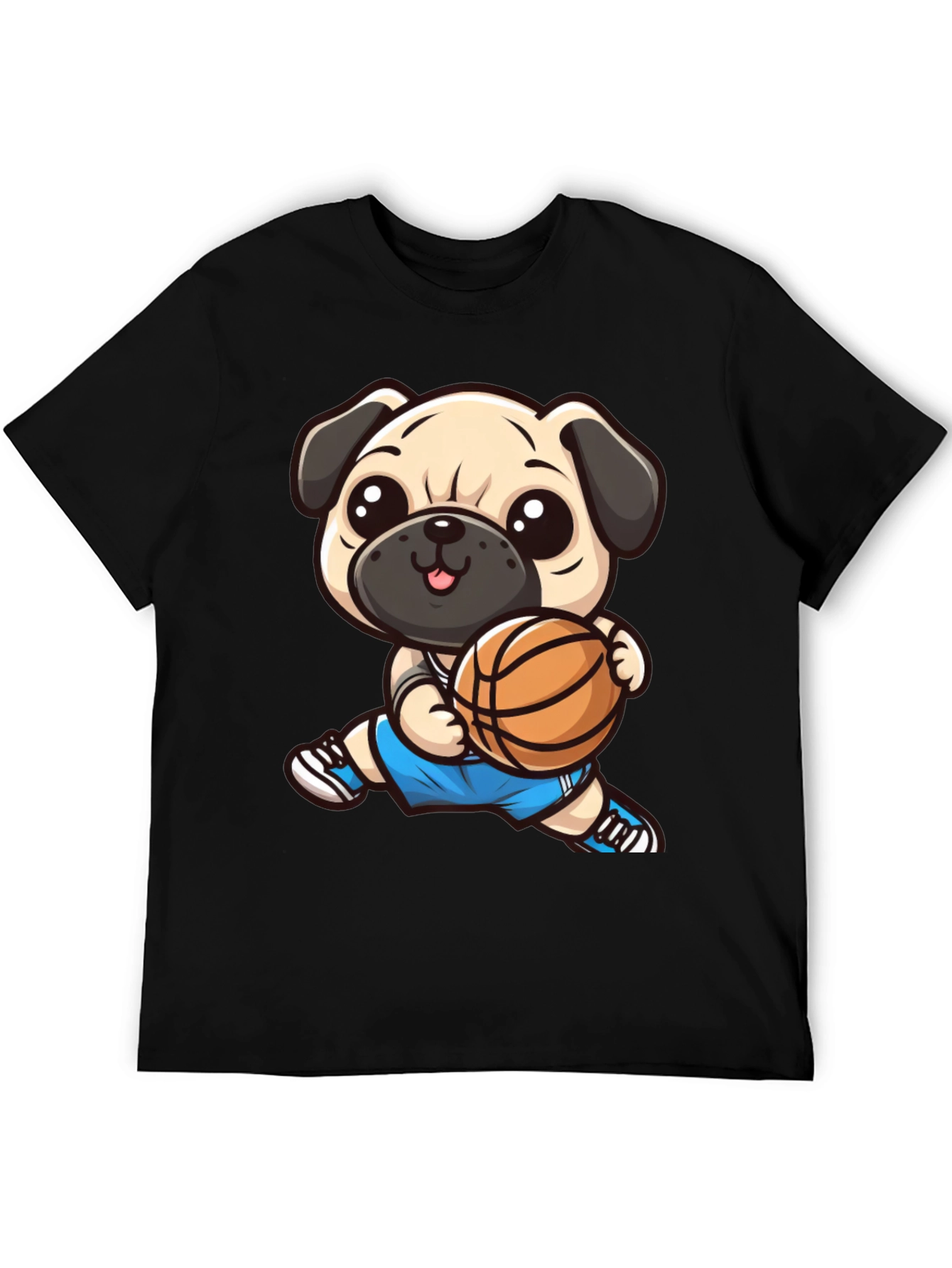 Cartoon Pug Basketball Player Black T-Shirt