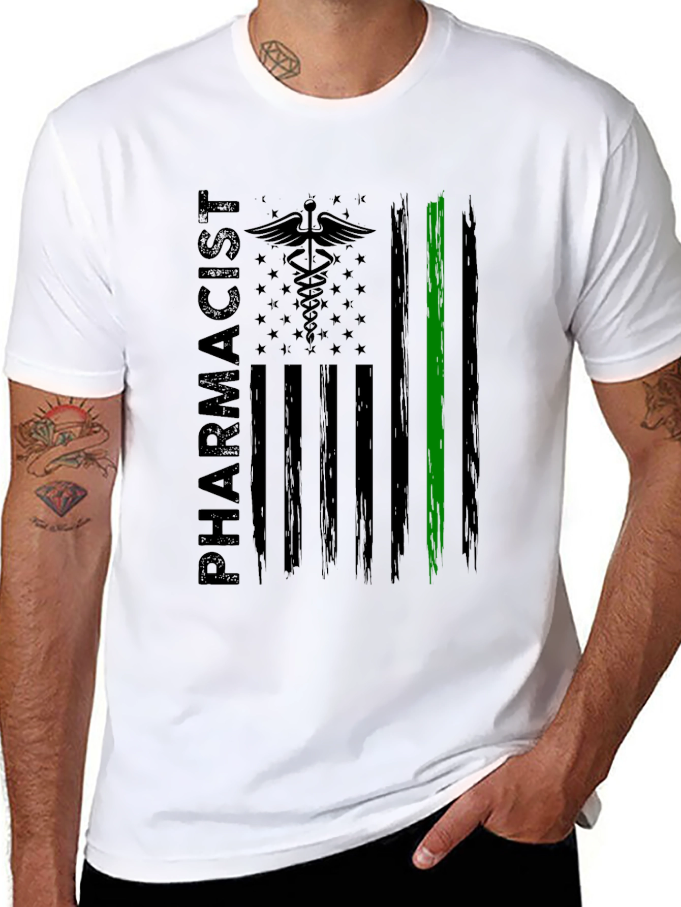 Pharmacist American Flag T-Shirt - Green Line