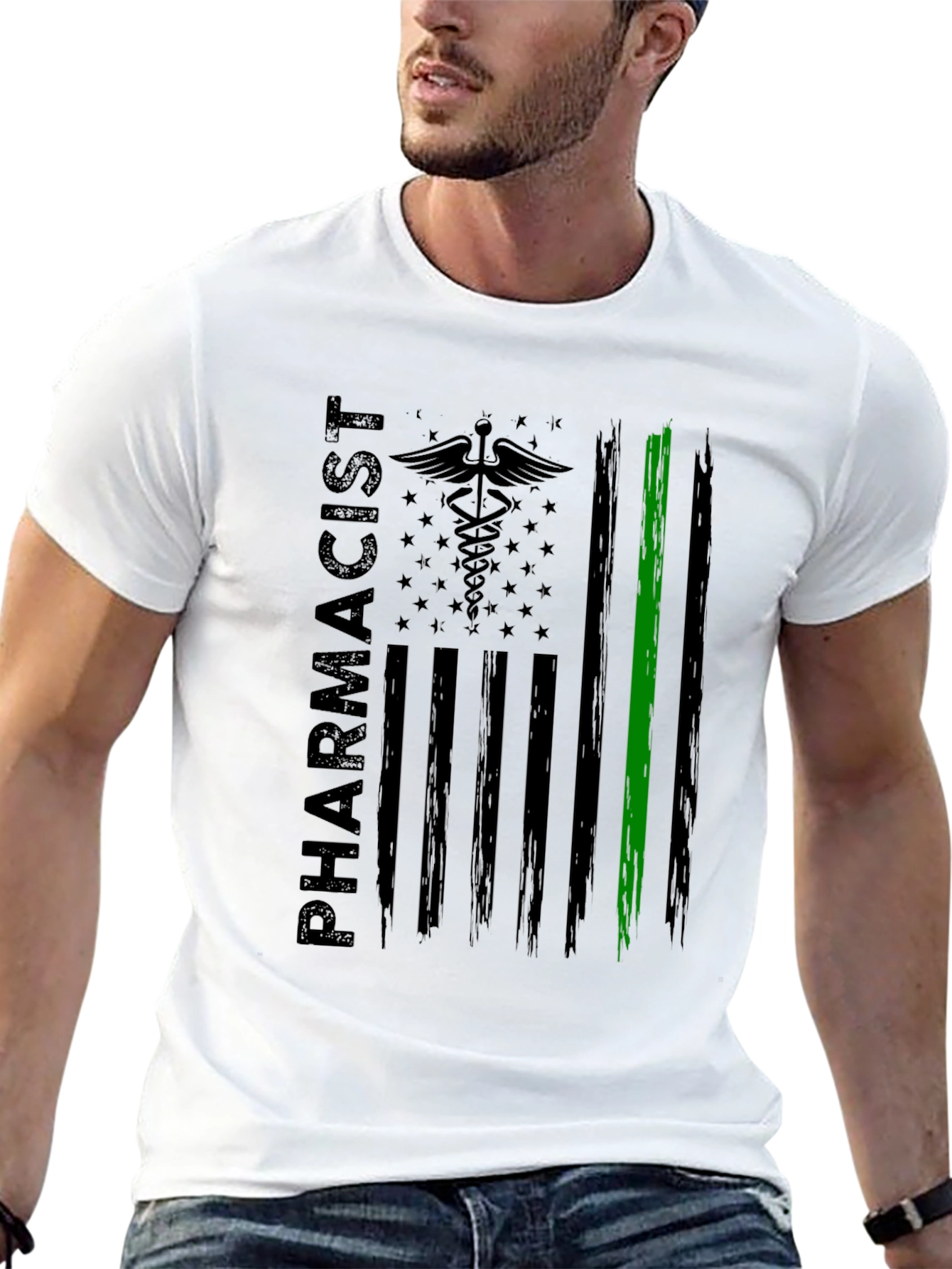 Pharmacist American Flag T-Shirt - Green Line