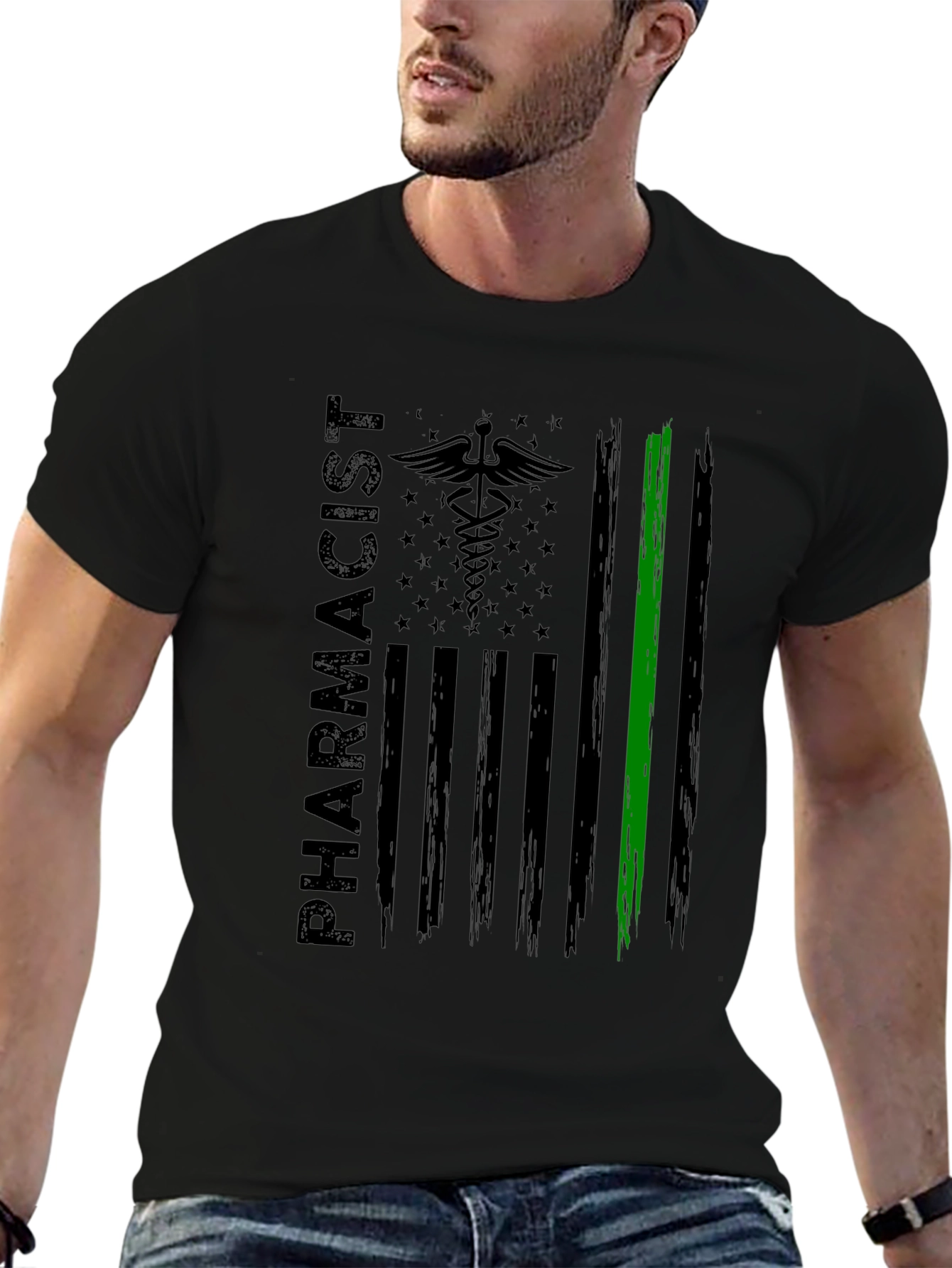 Pharmacist American Flag T-Shirt - Green Line