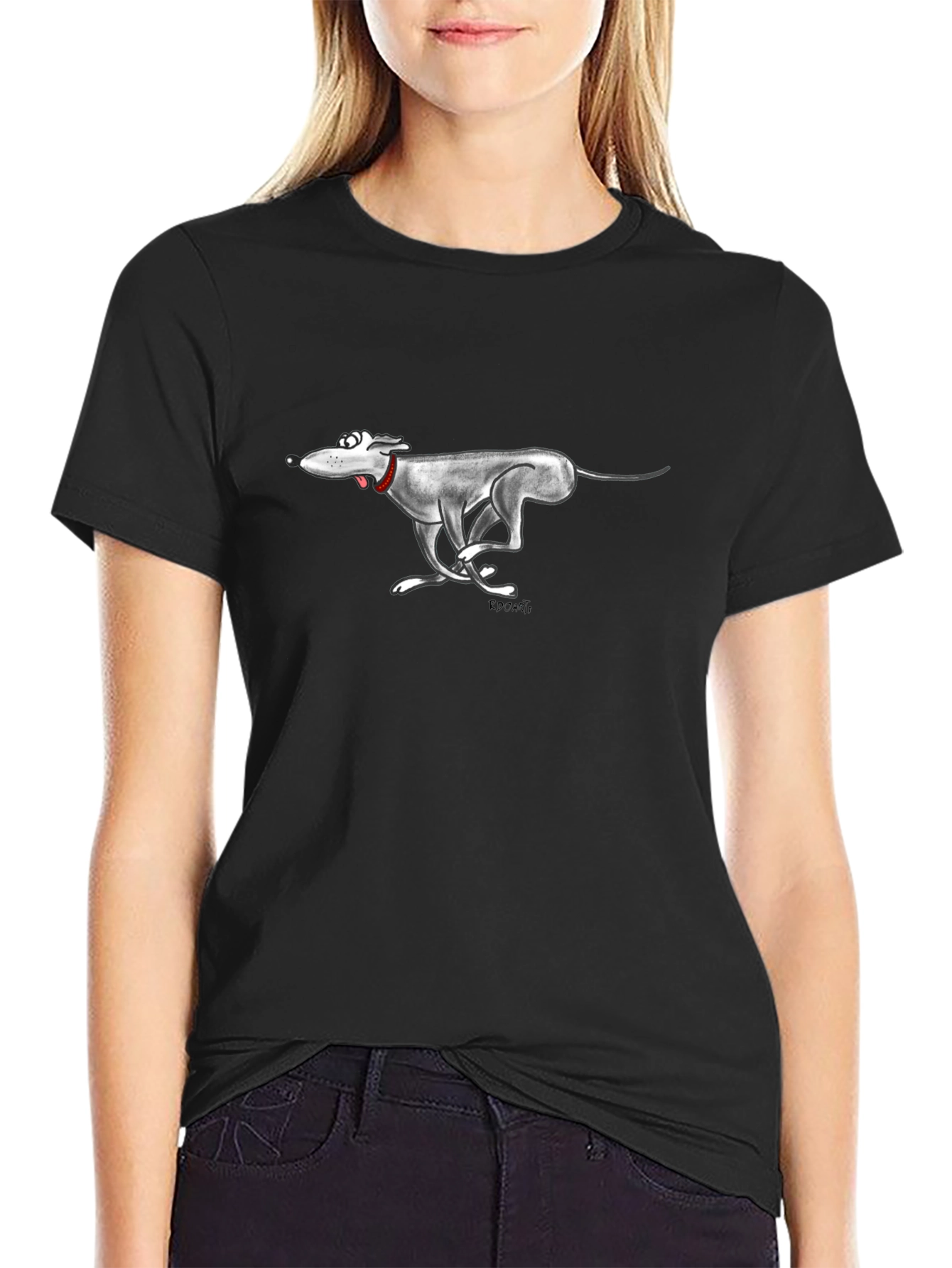 Cartoon Greyhound Dog Graphic Black T-Shirt