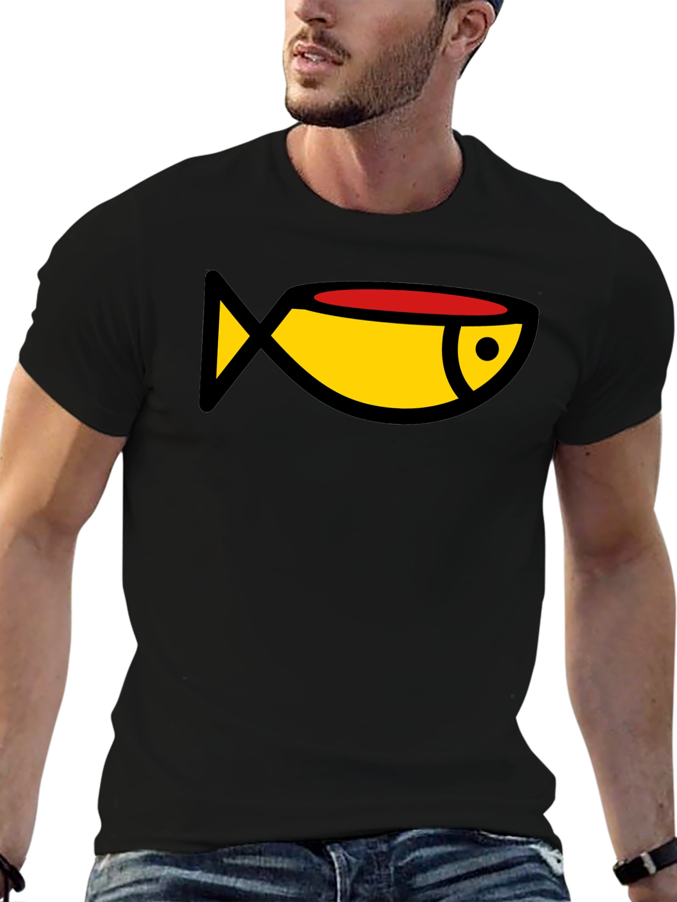 Cartoon Fish Graphic Tee - Black Casual T-Shirt