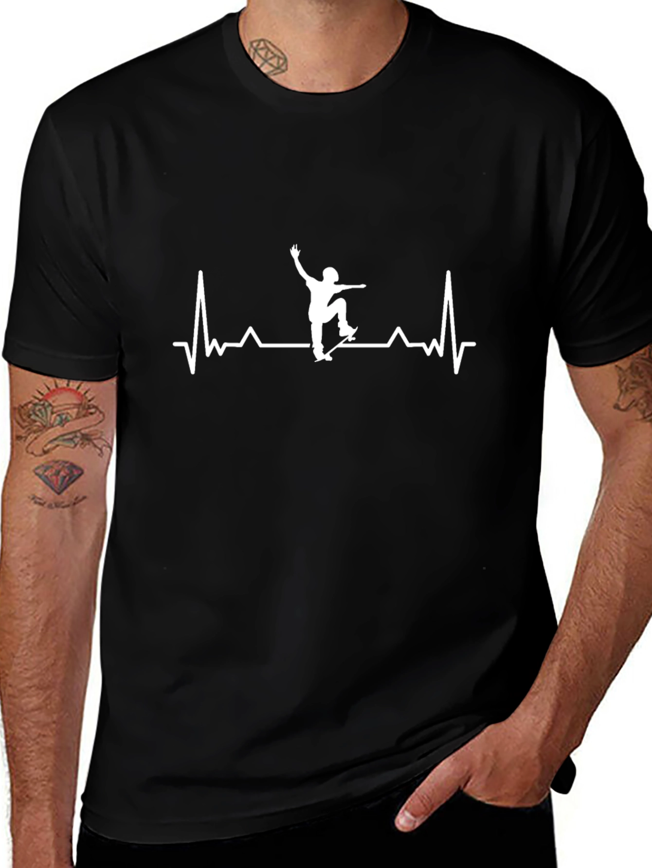 Skateboarding Heartbeat Tee - Black Cotton Graphic T-Shirt