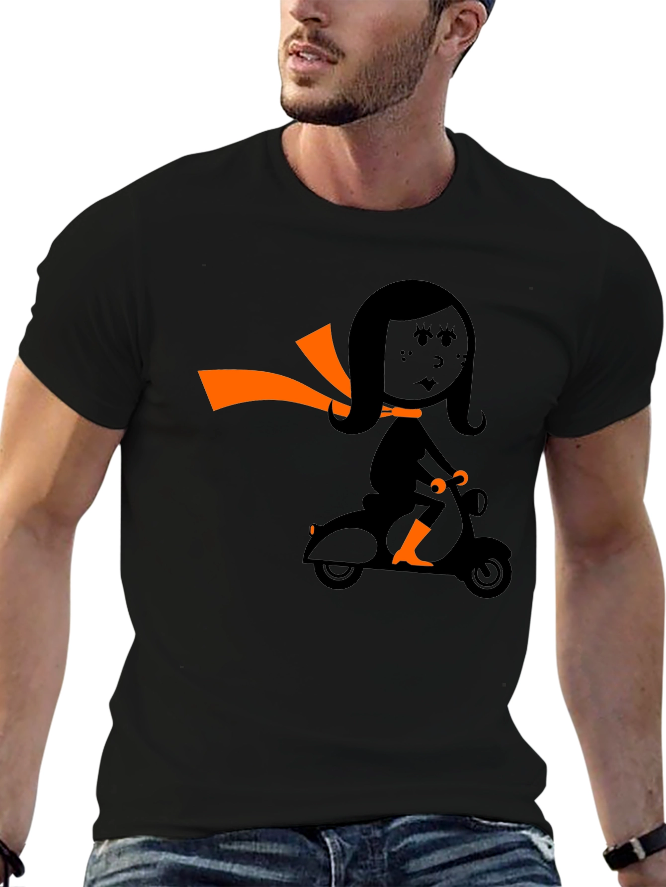 Retro Girl on Scooter Graphic Tee - Black