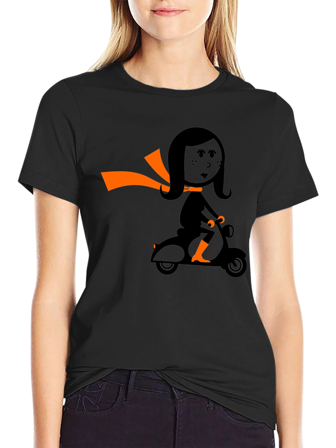 Retro Girl on Scooter Graphic Tee - Black