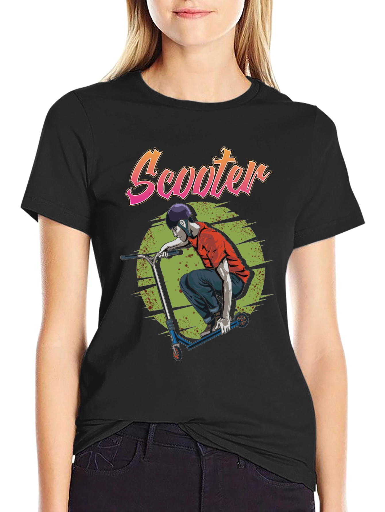 Scooter Design Black Cotton T-Shirt