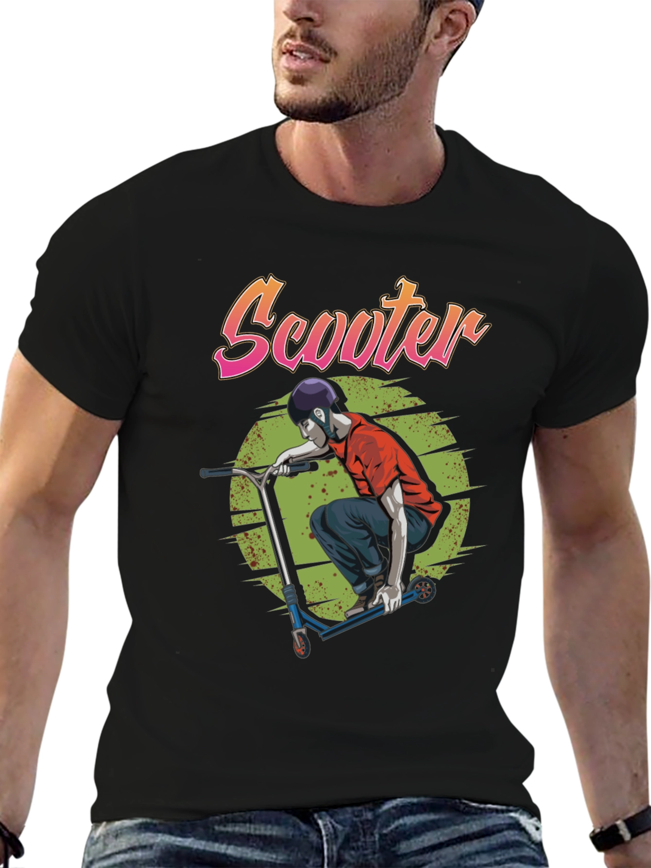 Scooter Design Black Cotton T-Shirt
