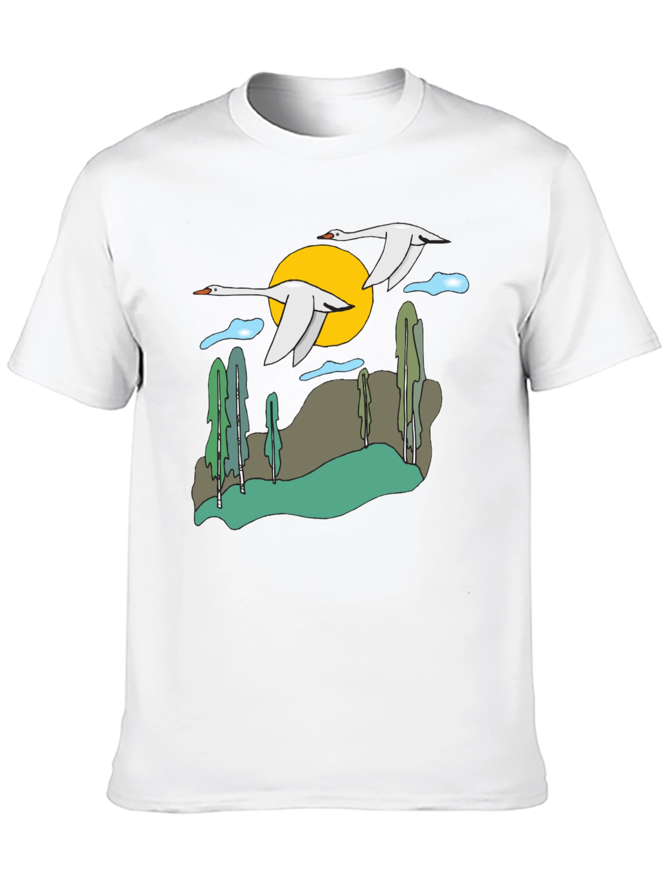 Nature Swans Graphic T-Shirt - Black Cotton Blend