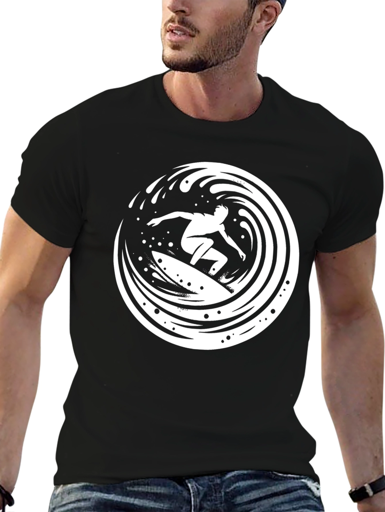 Surfer Wave Graphic Tee - Black Cotton T-Shirt