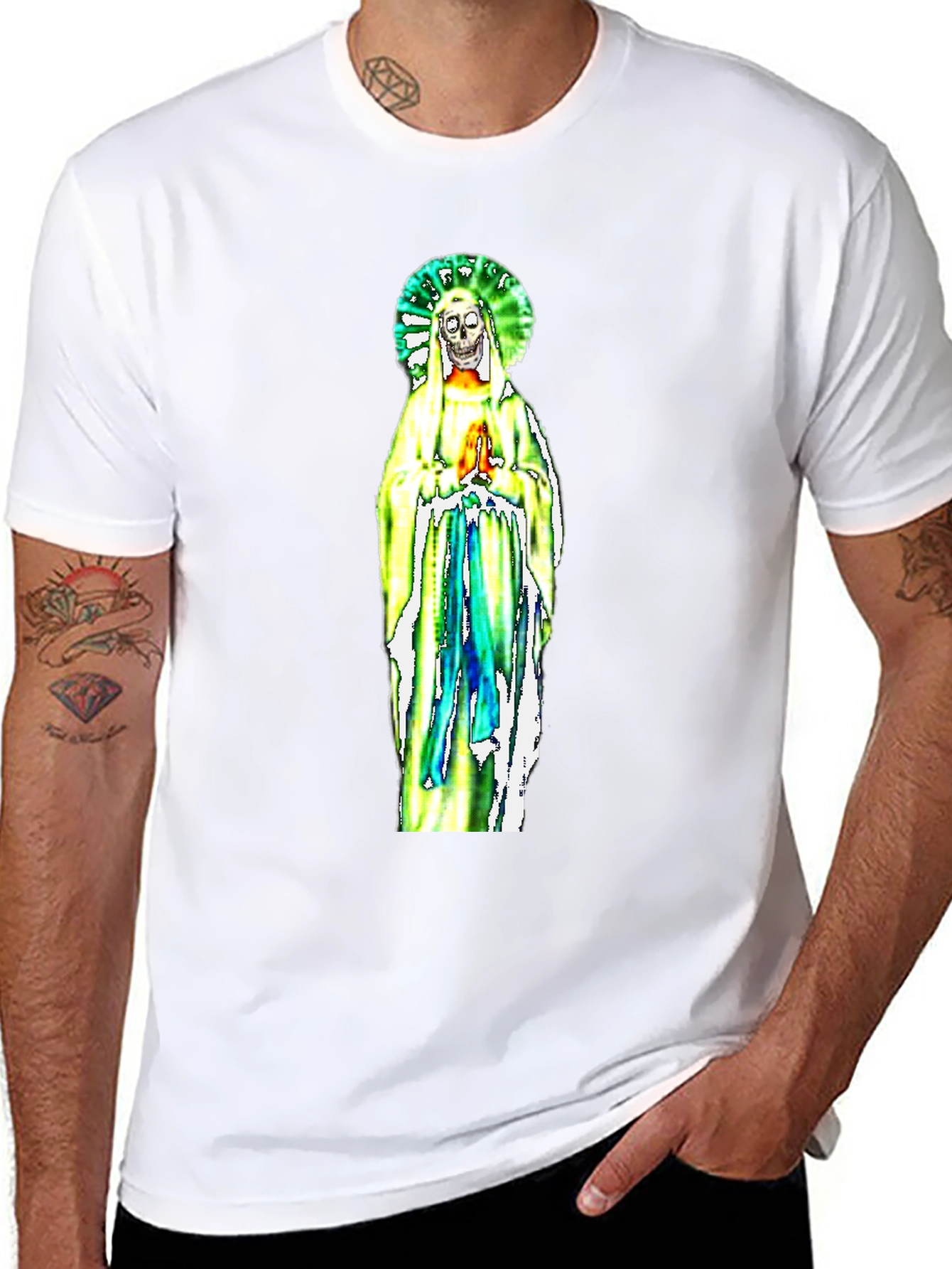 Black T-Shirt with Religious Skeleton Graphic