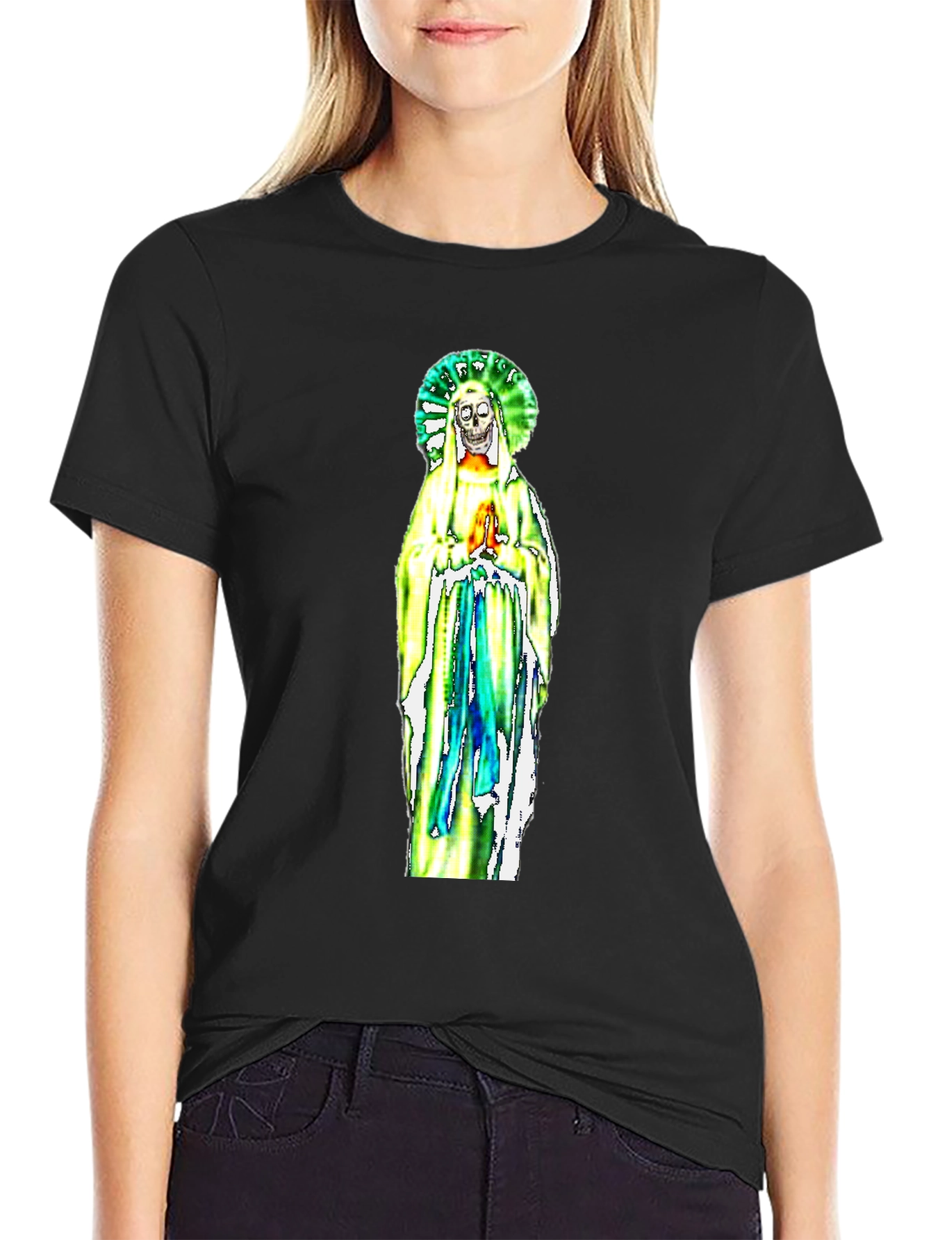 Black T-Shirt with Religious Skeleton Graphic